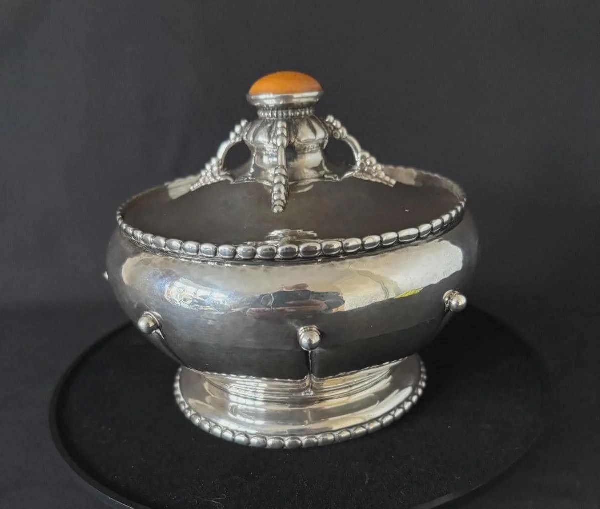 Arts & Crafts Sterling Silver Bowl With Amber Knob By Christian F Heise photo for sale