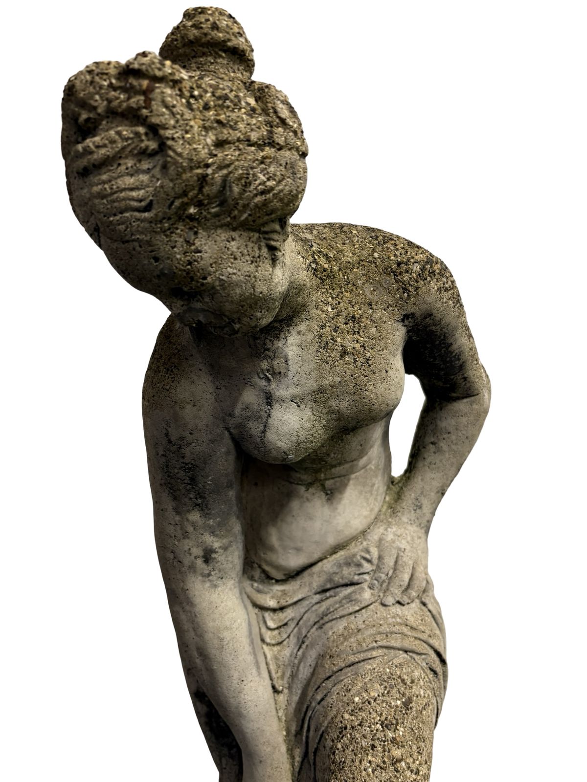 Weathered Antique Stone Statue Semi Naked Lady On Pedestal photo for sale