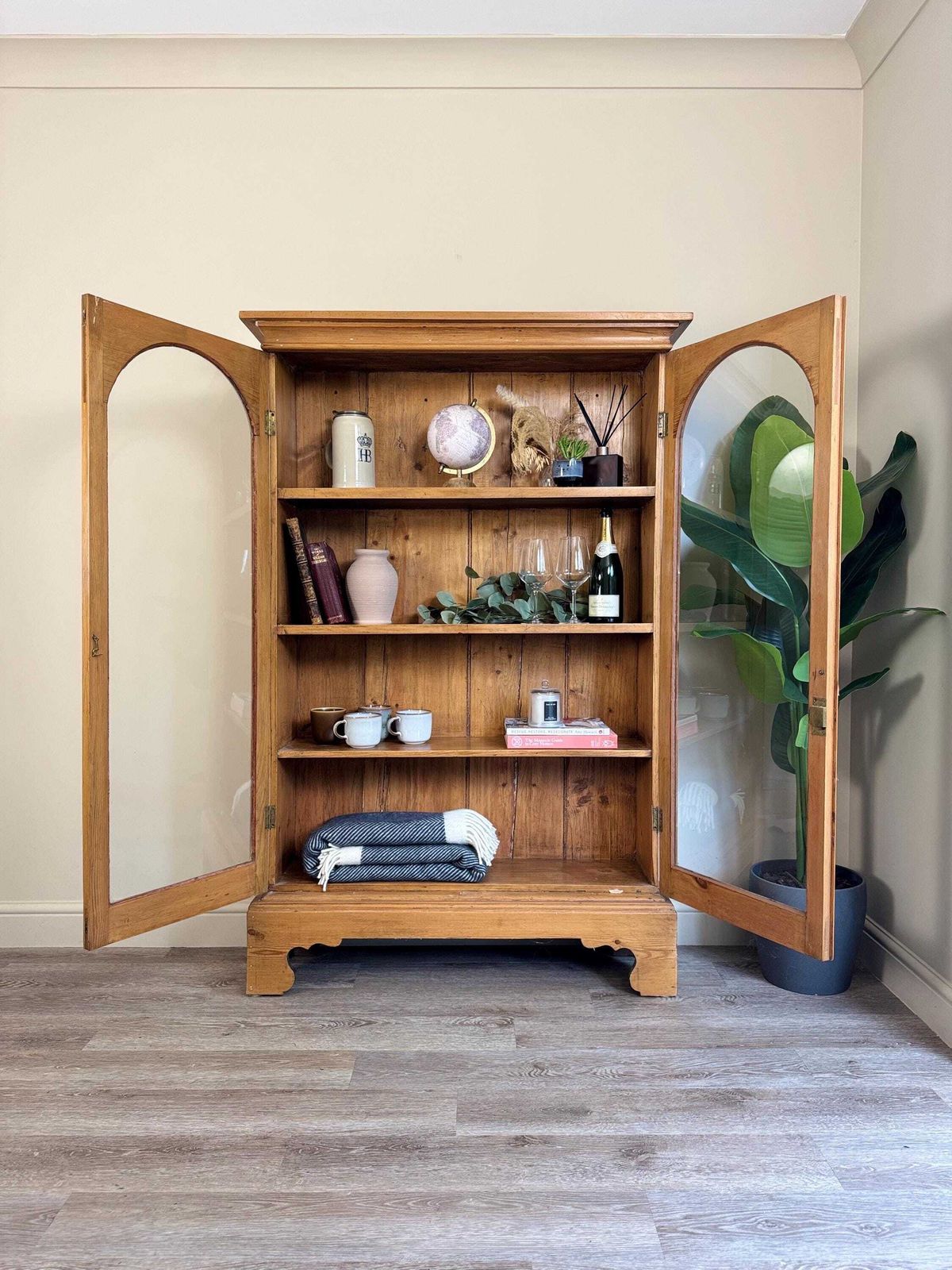Farmhouse Pine Vintage Large Wooden Glass Drinks Display Cabinet With Shelves Pantry photo for sale