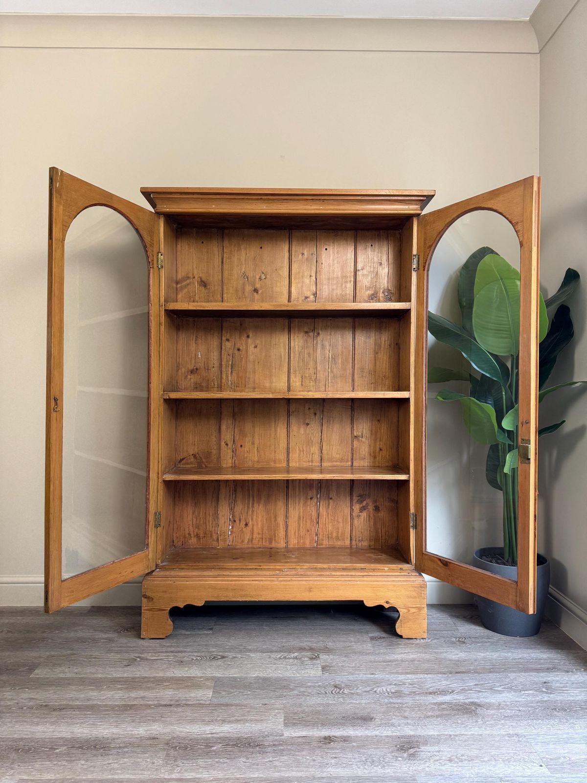 Farmhouse Pine Vintage Large Wooden Glass Drinks Display Cabinet With Shelves Pantry photo Furniture