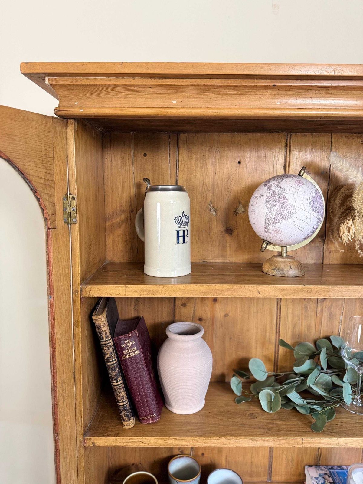 photo furniture Farmhouse Pine Vintage Large Wooden Glass Drinks Display Cabinet With Shelves Pantry