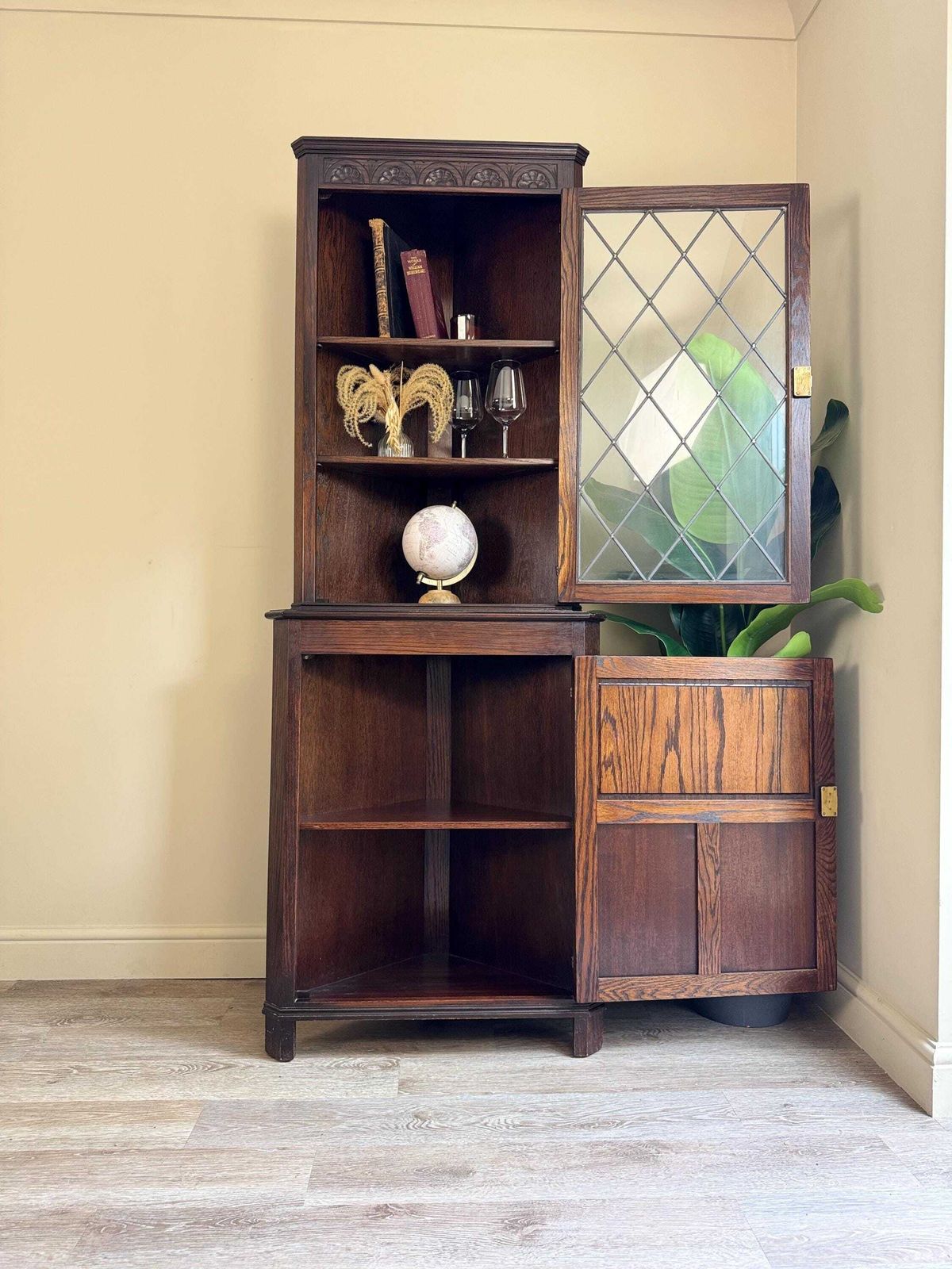 Vintage Oak Corner Cupboard Cabinet: Dark Wood Wall Freestanding Shelving Pantry Drinks photo furniture