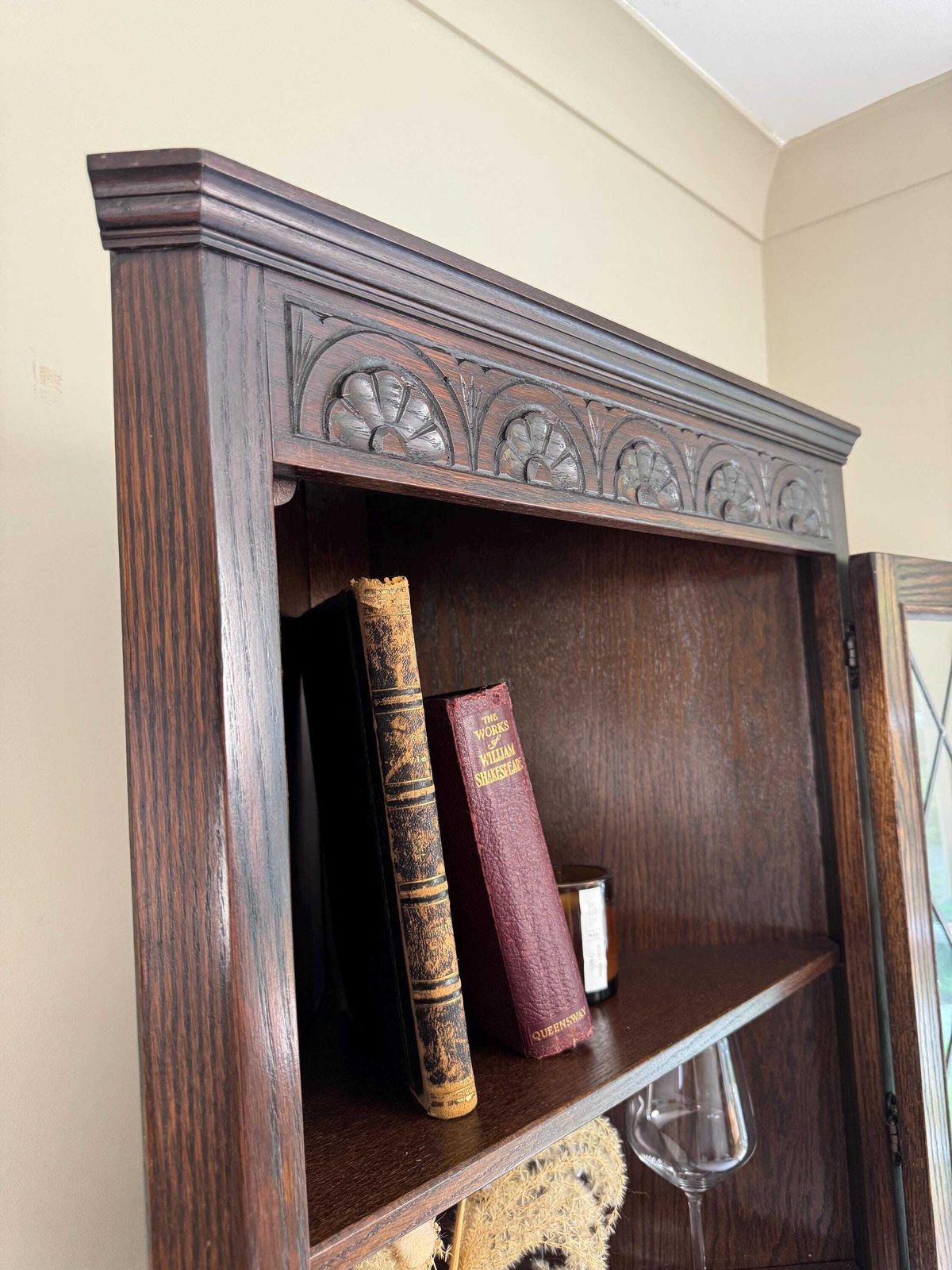 Vintage Oak Corner Cupboard Cabinet: Dark Wood Wall Freestanding Shelving Pantry Drinks photo vinterior