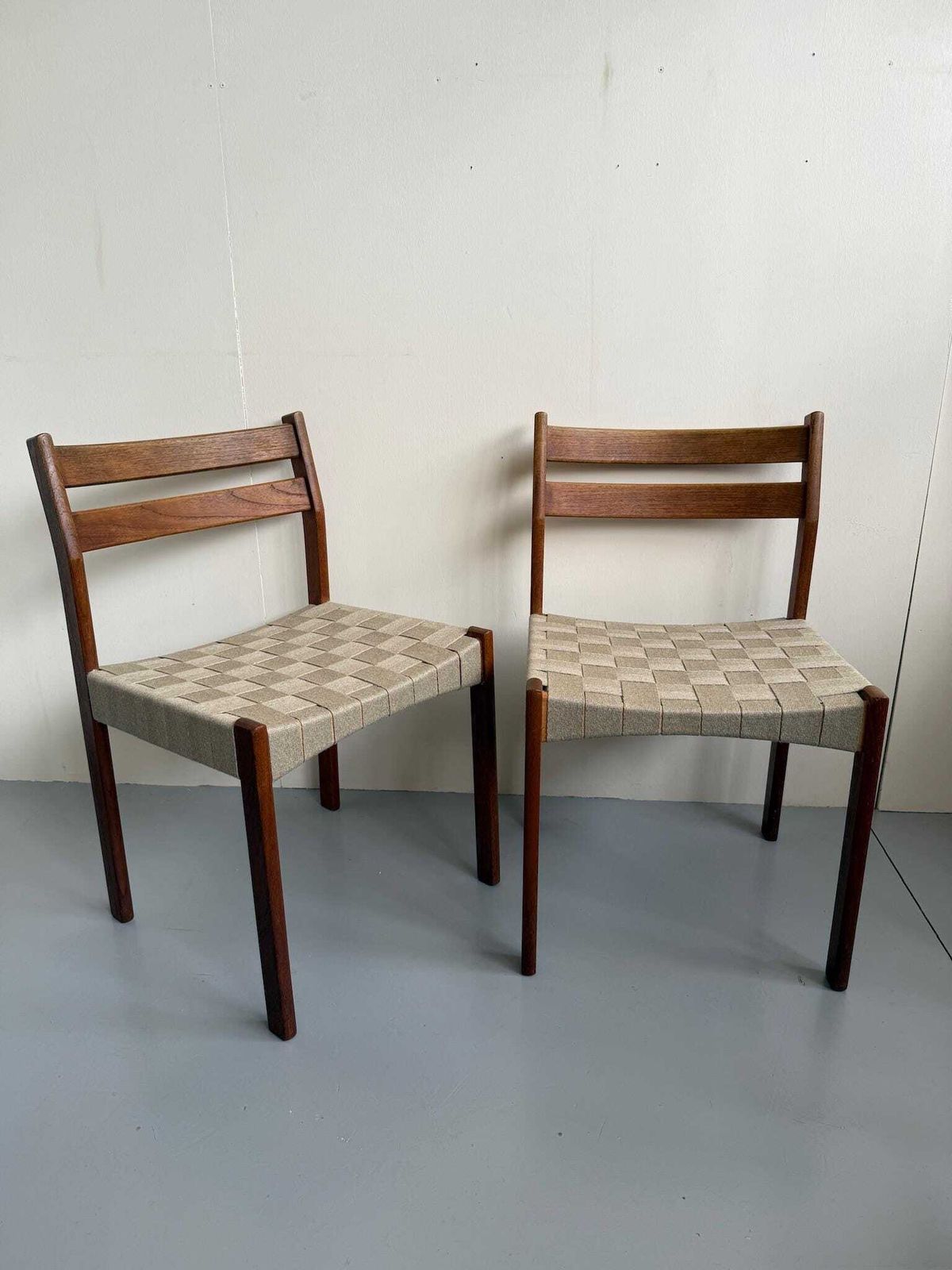 Pair Of Danish Teak Mid Century Dining Chairs With Cream Webbing Strap Seats