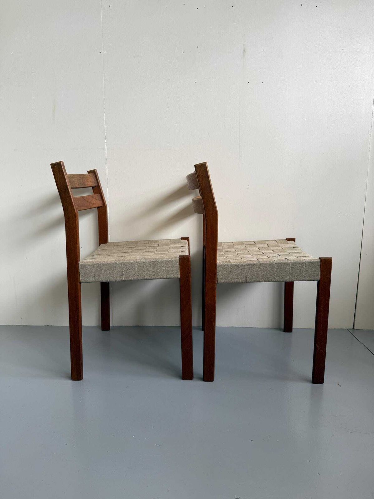 Pair Of Danish Teak Mid Century Dining Chairs With Cream Webbing Strap Seats photo for sale