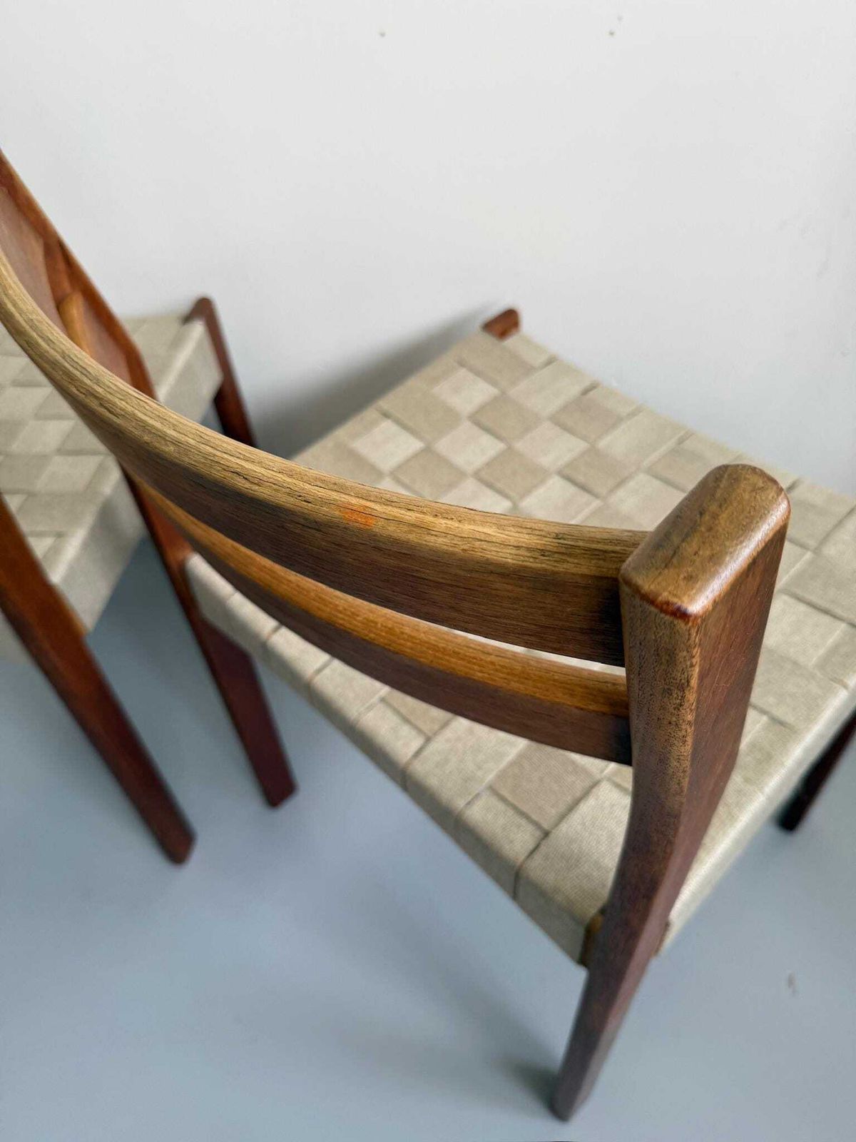 Pair Of Danish Teak Mid Century Dining Chairs With Cream Webbing Strap Seats photo Furniture