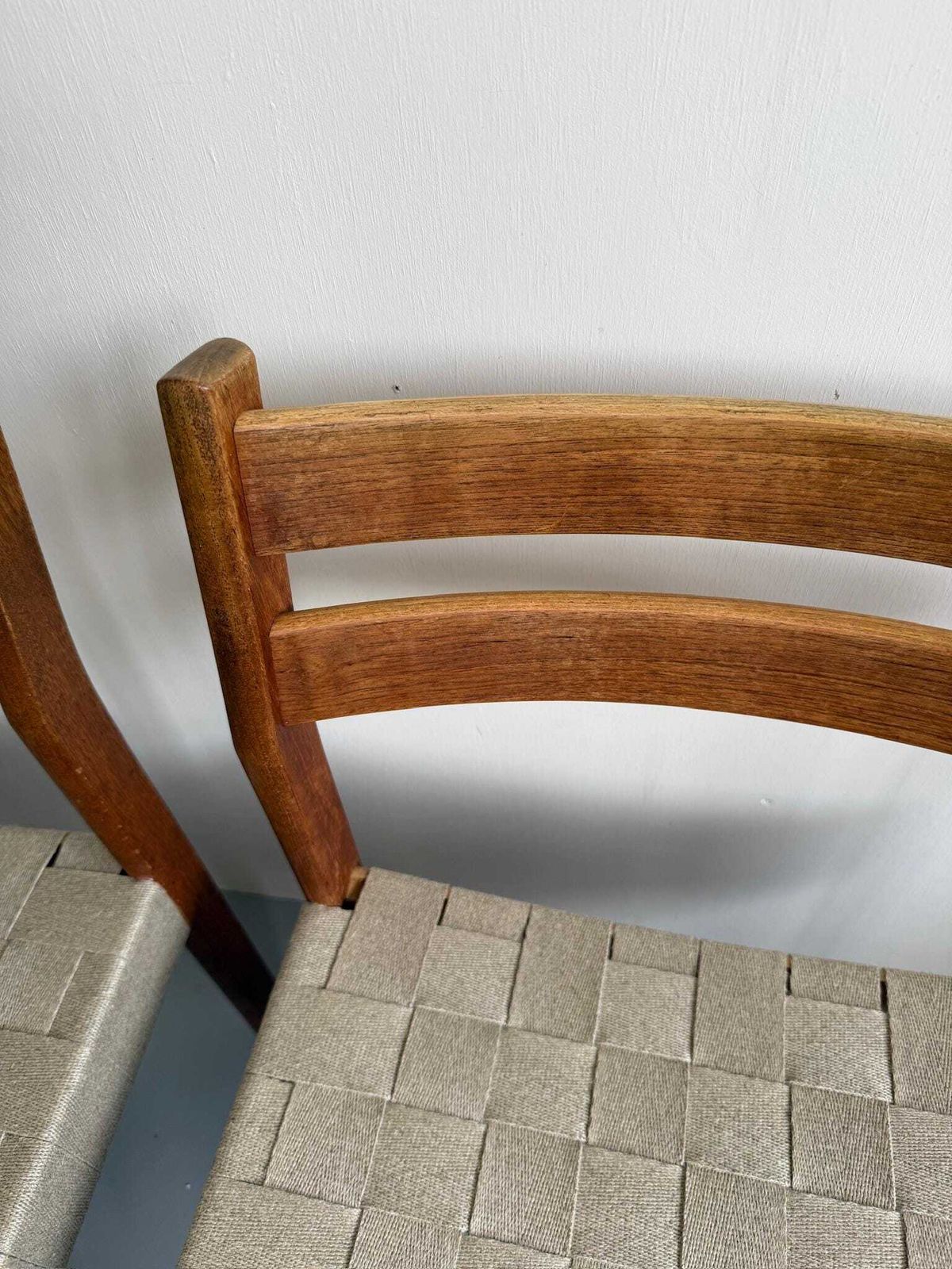 photo furniture Pair Of Danish Teak Mid Century Dining Chairs With Cream Webbing Strap Seats