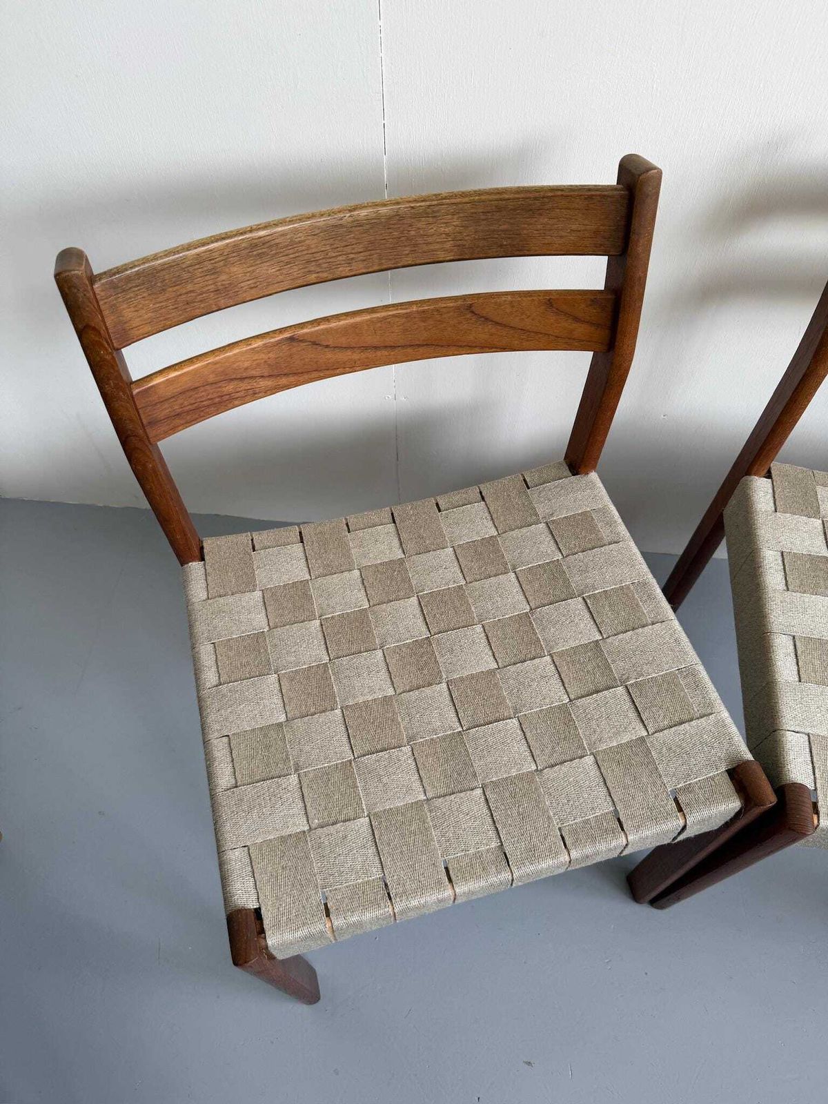 photo for sale Pair Of Danish Teak Mid Century Dining Chairs With Cream Webbing Strap Seats