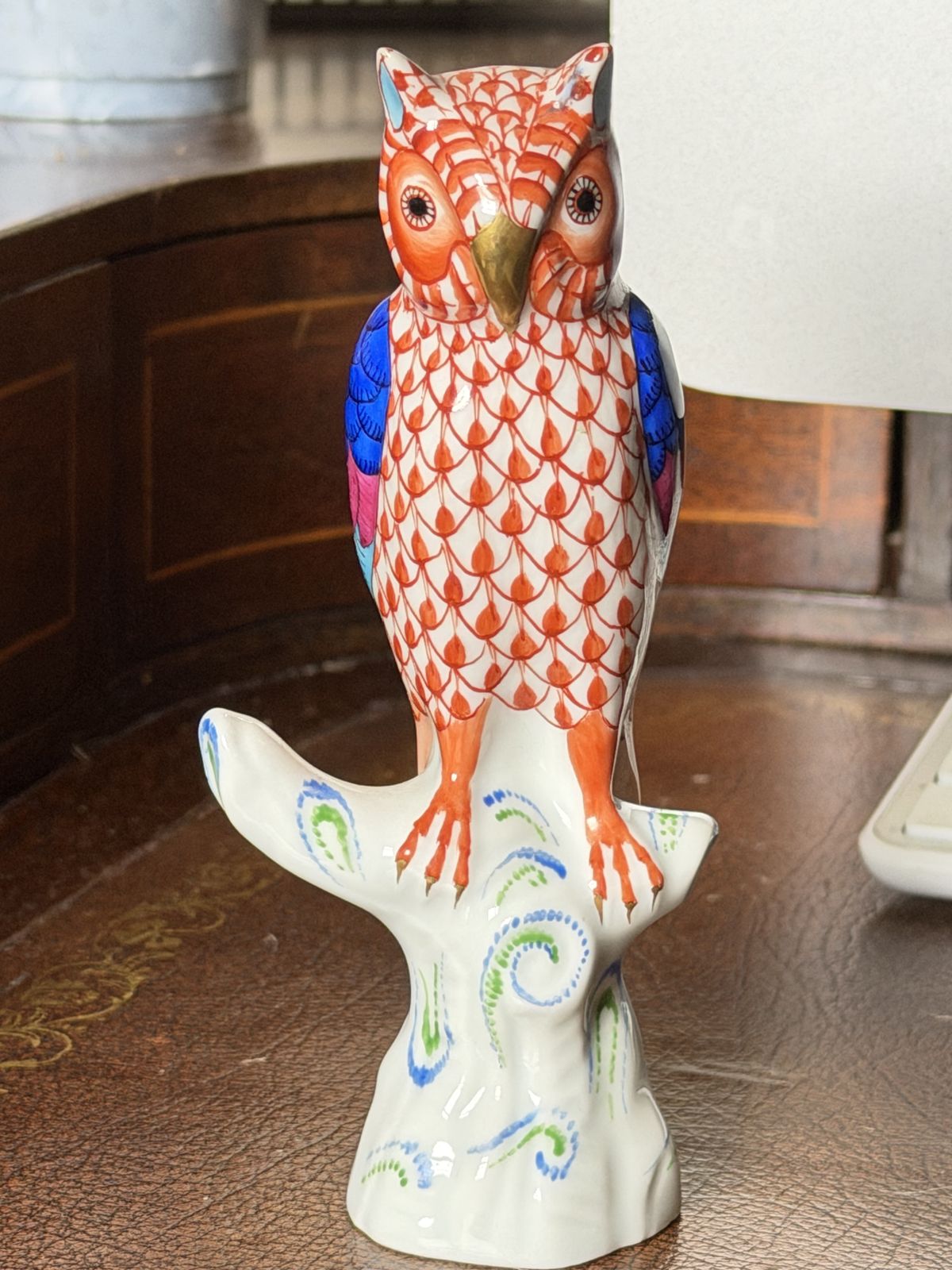 Herend Handpainted Red Fishnet “Young Owl” Porcelain Figure photo furniture