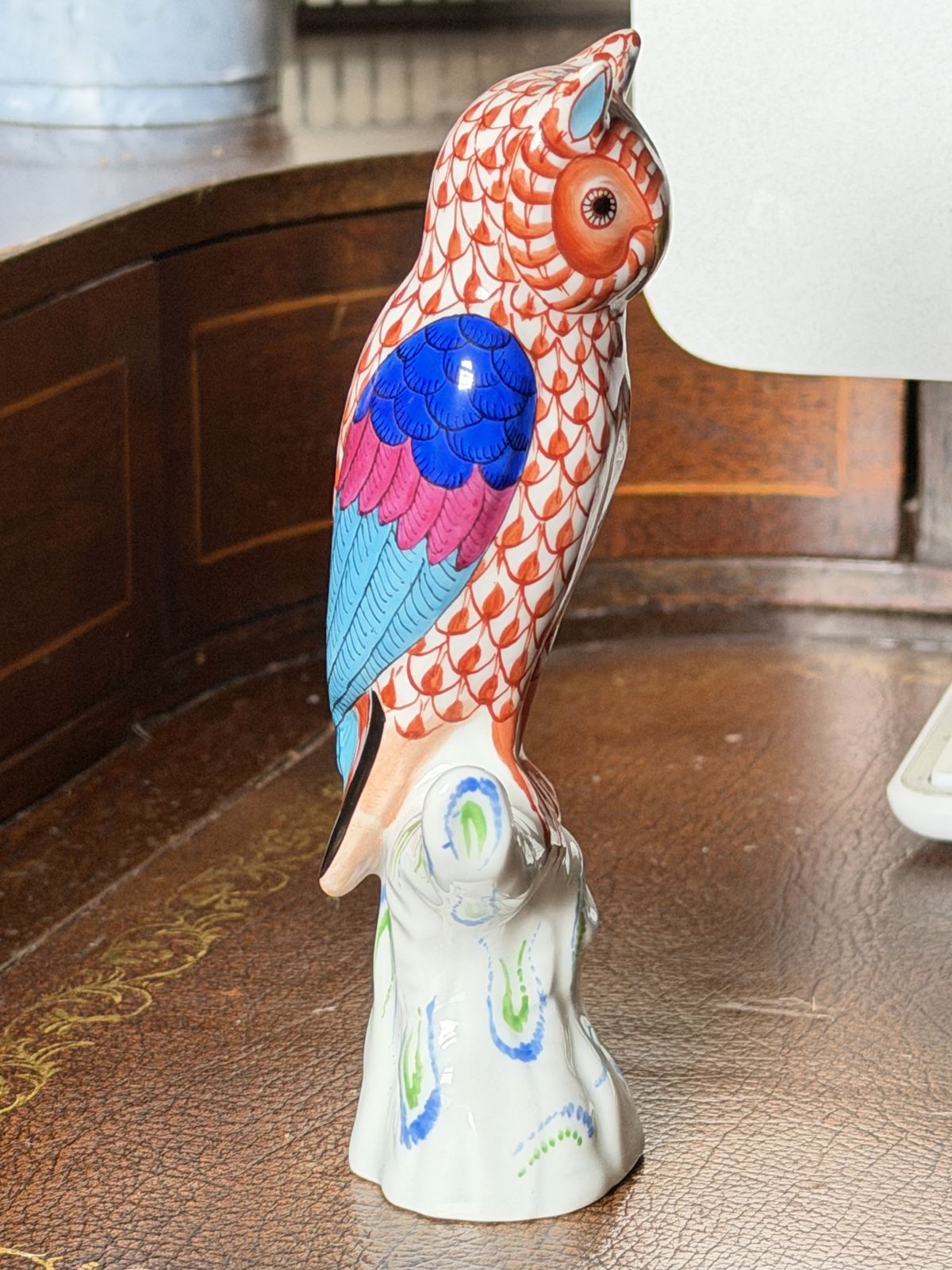 Herend Handpainted Red Fishnet “Young Owl” Porcelain Figure photo for sale