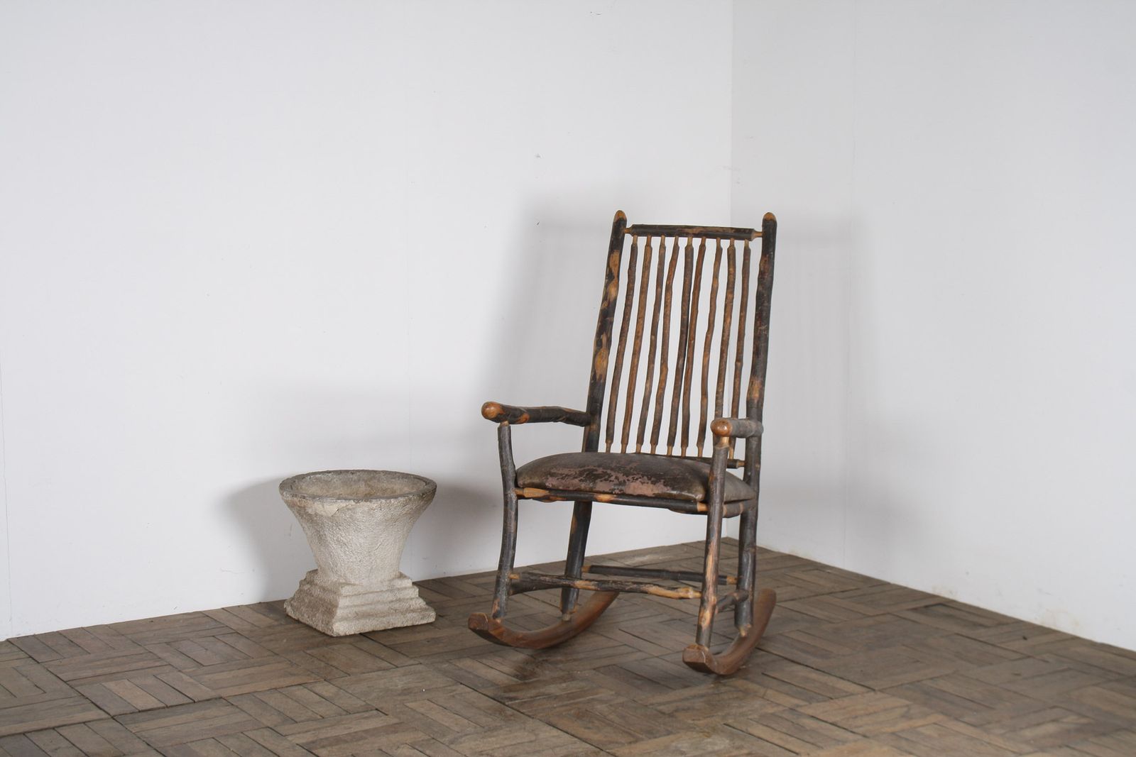 Antique American Stick Back Rocking Chair With Distressed Patina And Leather Seat photo vinterior