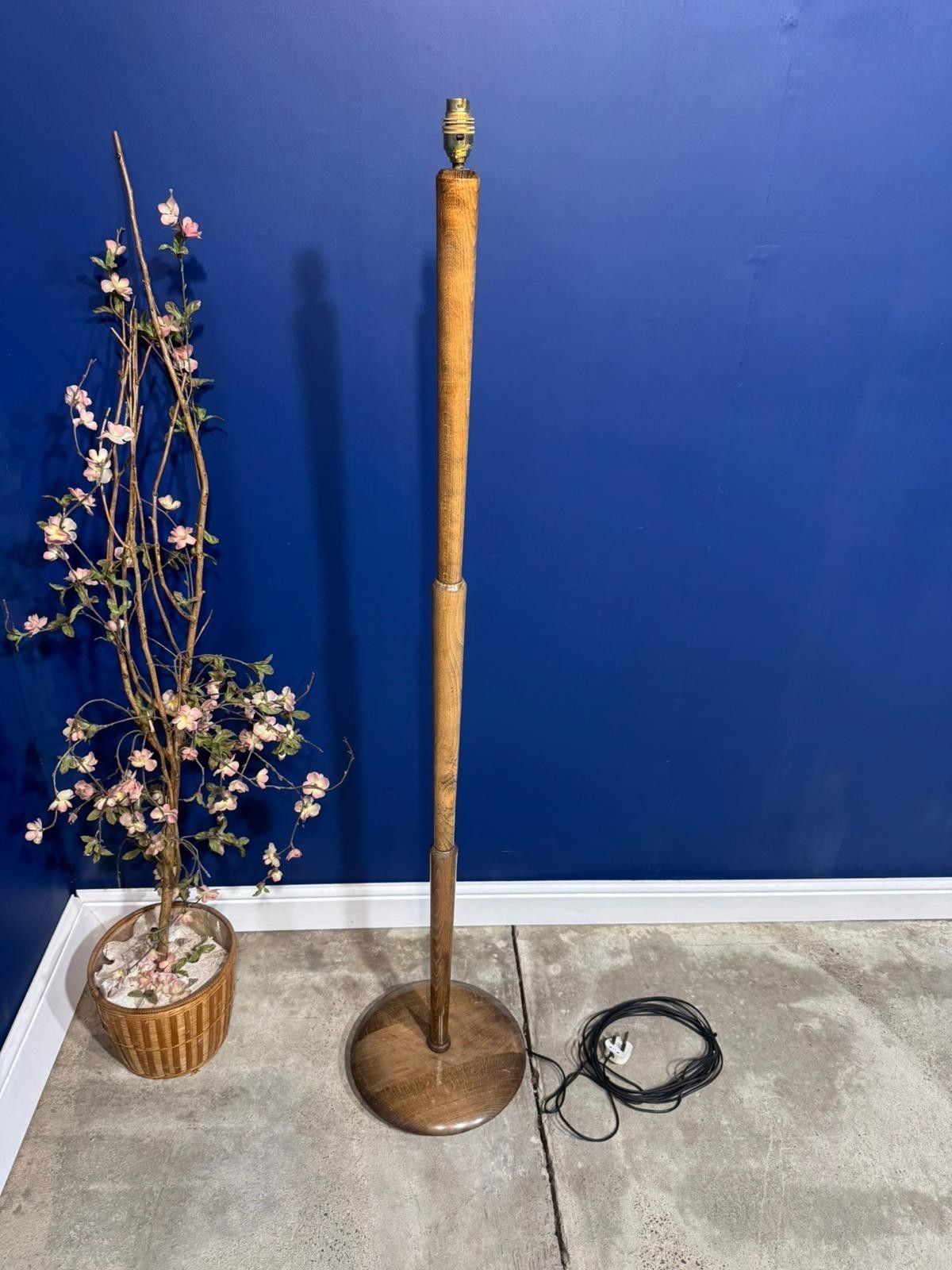 Vintage Mid Century Standard Lamp Floor Light Wood Oak Pebble Base Retro photo furniture