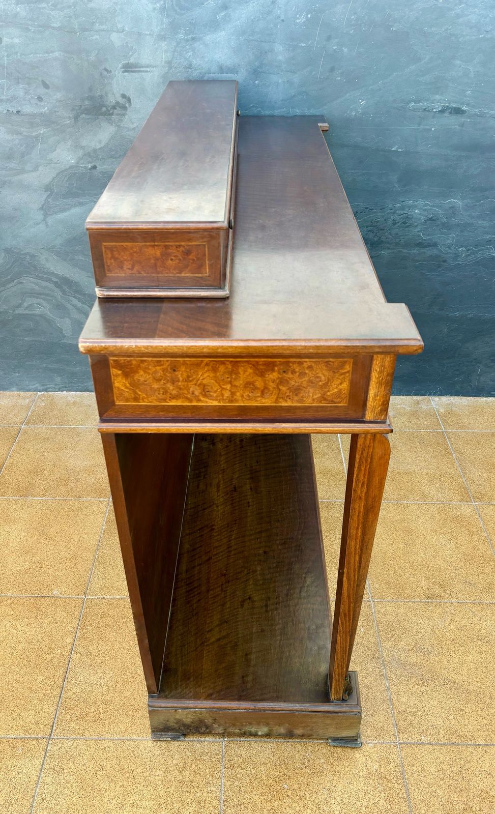Elegant Empire Style Console With Burlwood Veneer And Bronze Details photo vinterior