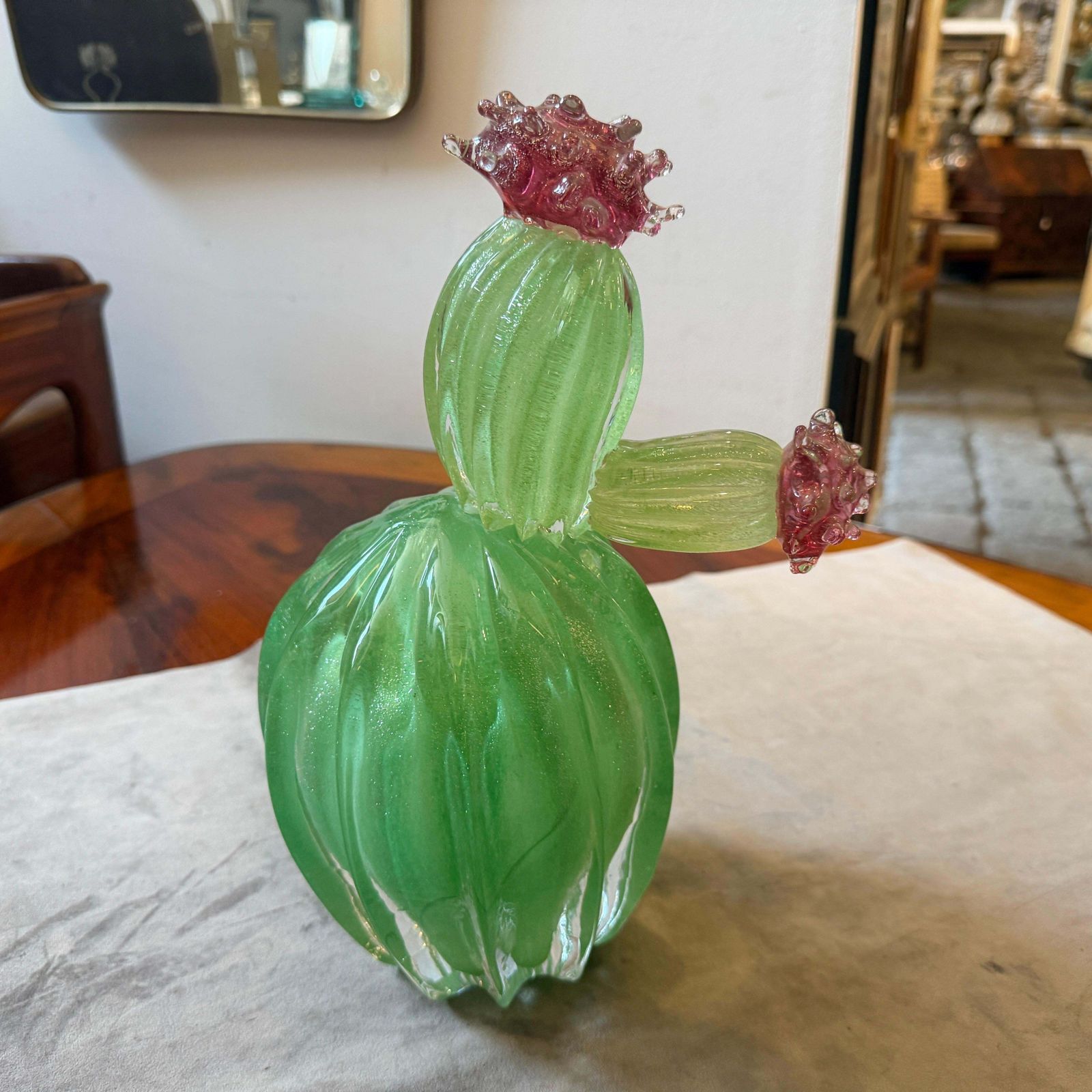 photo furniture 1990s Green Emerald And Amethyst Purple Murano Glass Flowering Cactus