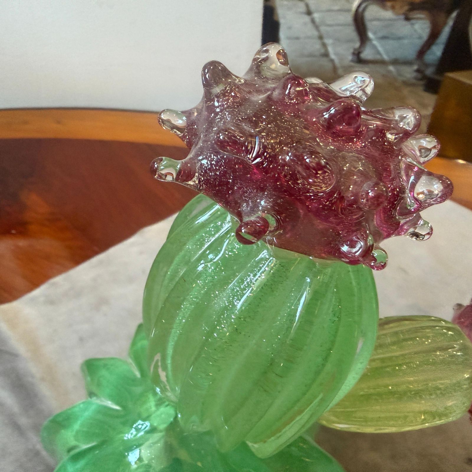 Art 1990s Green Emerald And Amethyst Purple Murano Glass Flowering Cactus photo