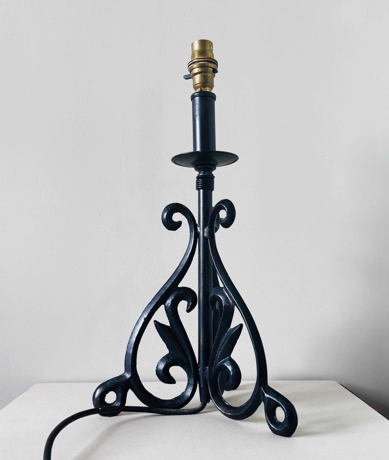 Vintage Wrought Iron Table Lamp Base | Black Scroll Metal Lamp | Gothic French Country Decor photo vinterior