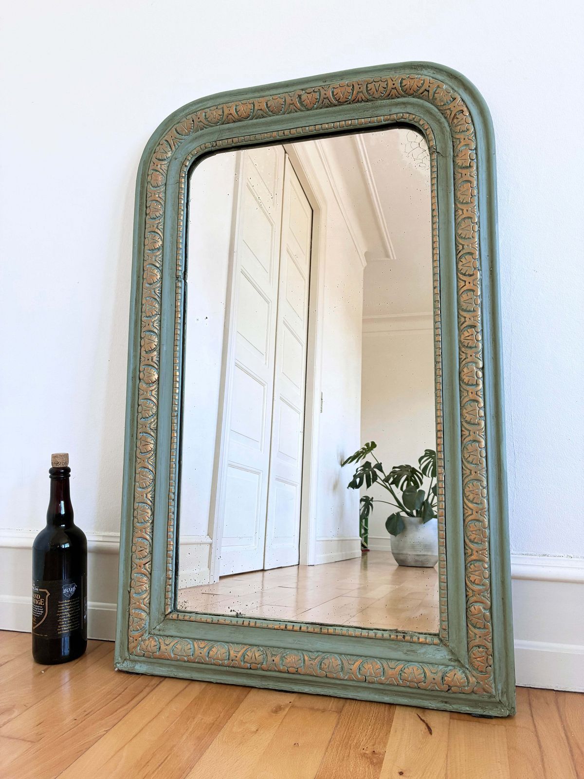 Large Antique French Louis Philippe Mirror – Green And Gold, Late 19th Century photo vintage