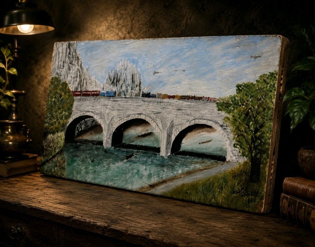 1965 Folk Art Railway Oil Painting Fred C Causton photo vinterior