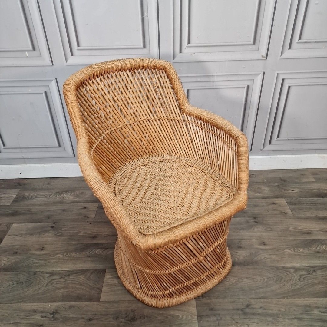 Vintage Rattan Armchair Tub Chair Natural Wicker Barrel Seat Retro Mid Century photo furniture