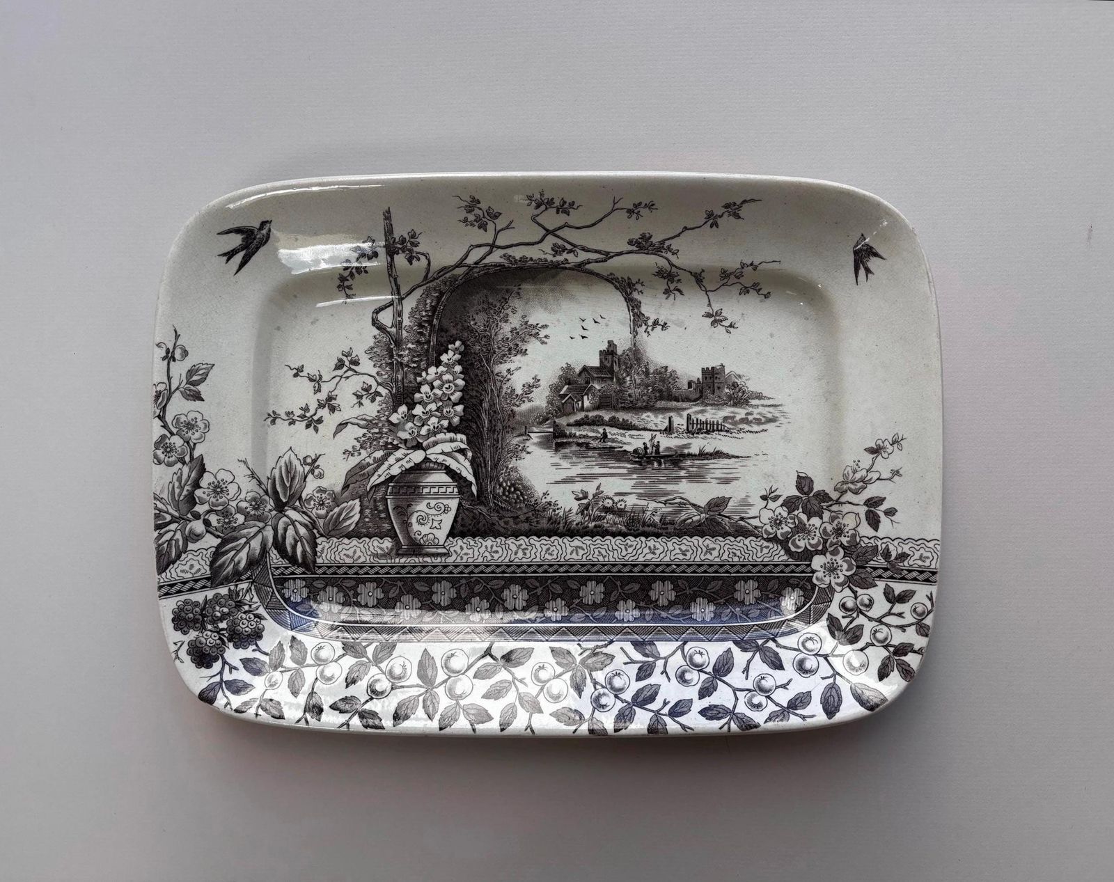 Antique Brown Transferware Platter, Hill Pottery Rustic Serving Dish, Victorian English Ceramic Tray, Country House Decor