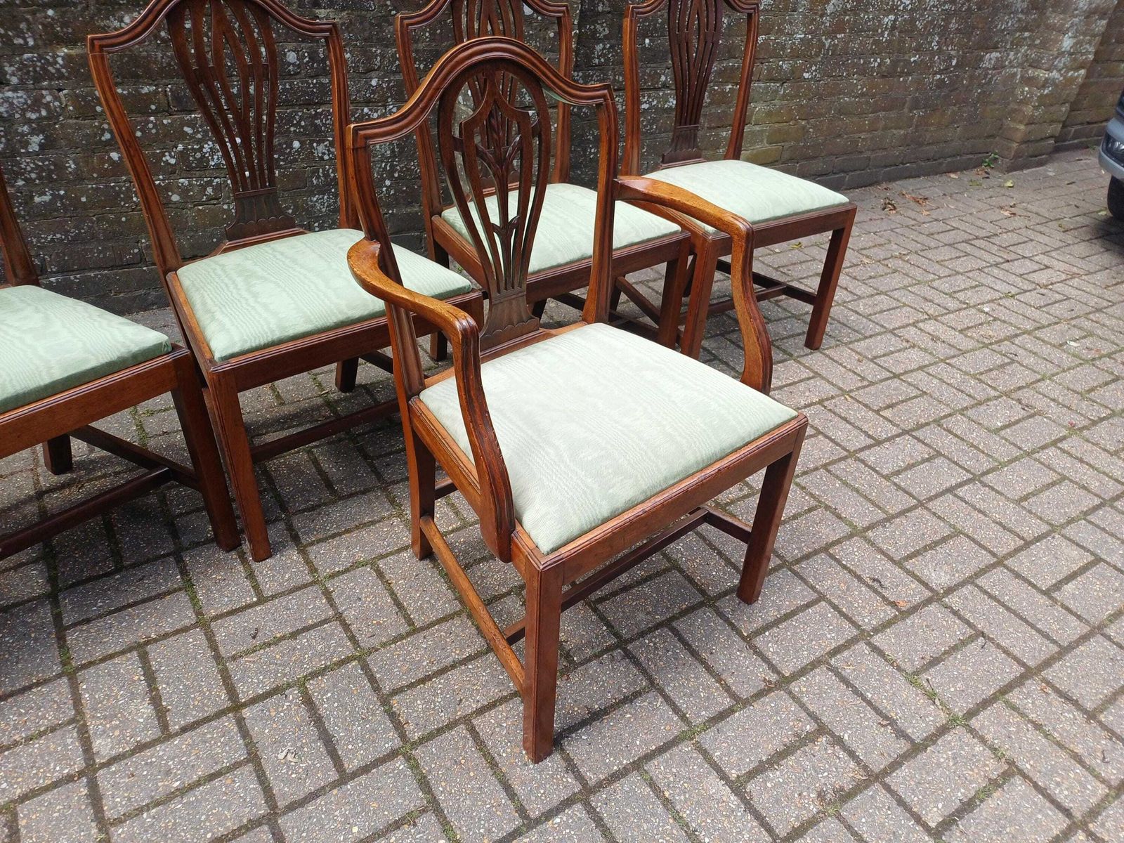 Set Of 6 Vintage Repro Mahogany Dining Chairs Carver Chair Chippendale Style Chairs Green Upholstery Vintage Dining Set photo for sale