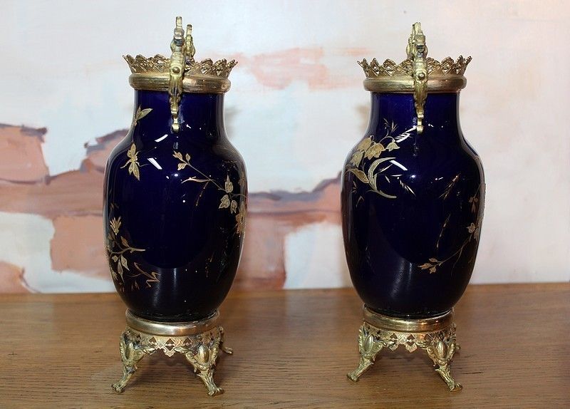 Pair Of Blue Porcelain Vases Lunéville 19th photo vintage