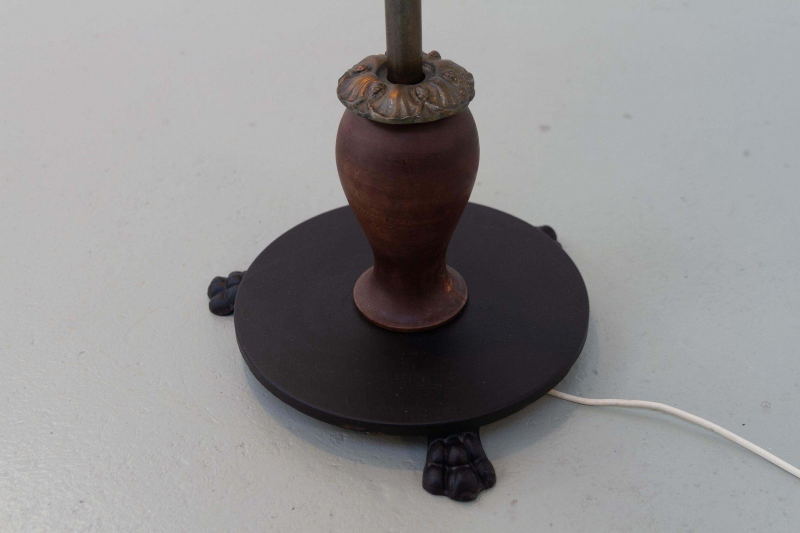 photo for sale Danish Art Deco Floor Lamp In Brass, Wood And Iron By Lyfa, 1920s.