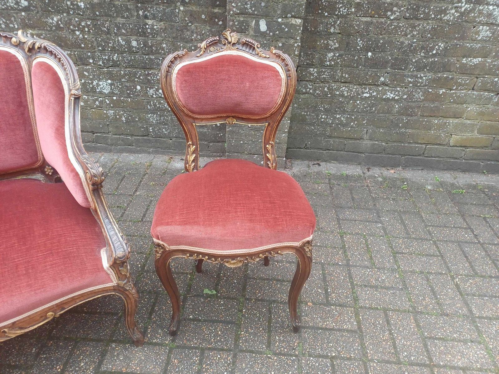 Victorian Rococo Salon Suite Mahogany Love Seat Armchairs Chair French Louis Style Pink Velvet Antique Furniture photo Furniture