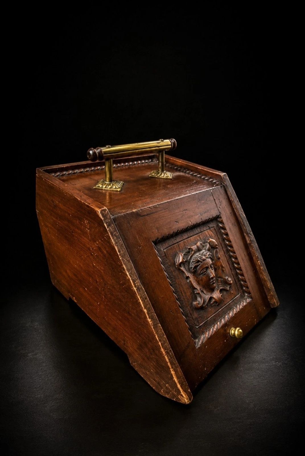 Rare Victorian Oak Coal Bucket Medusa Brass Handle photo for sale