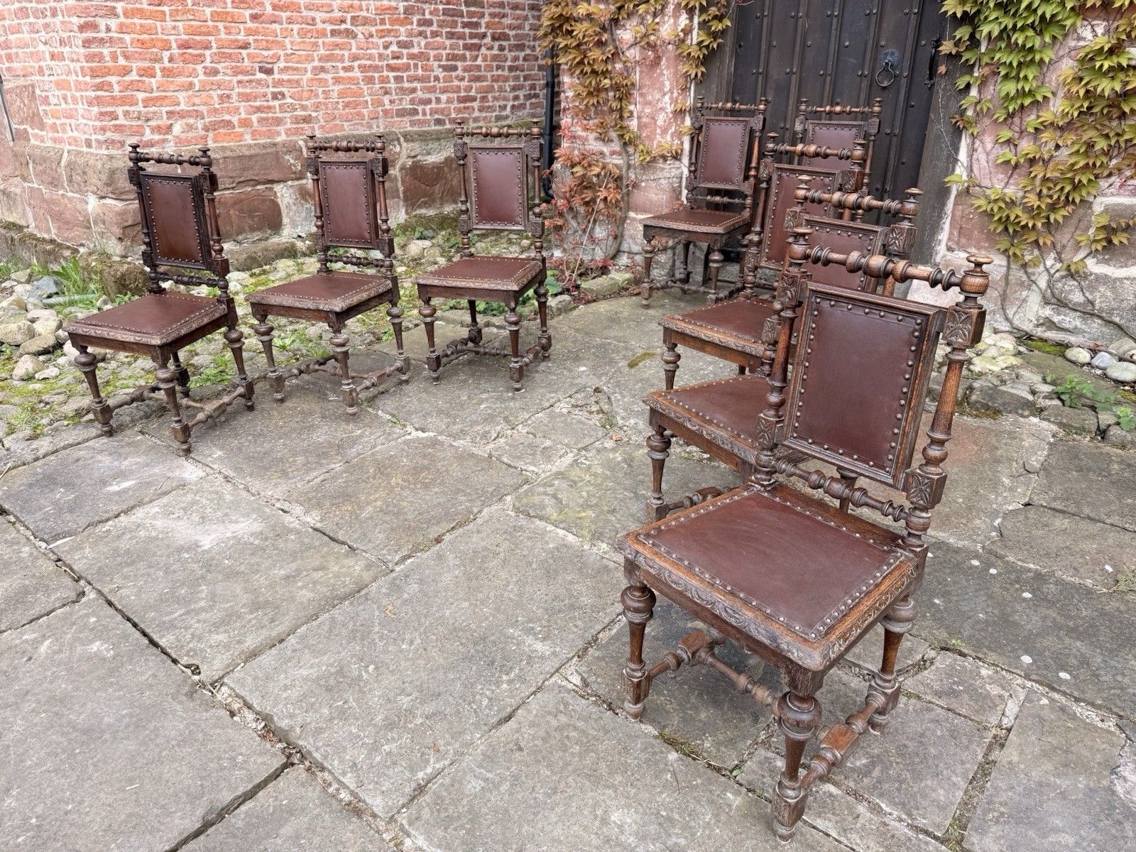 Set  8  Antique French  Oak Renaissance Revival Henri II Style Dining Chairs photo Furniture
