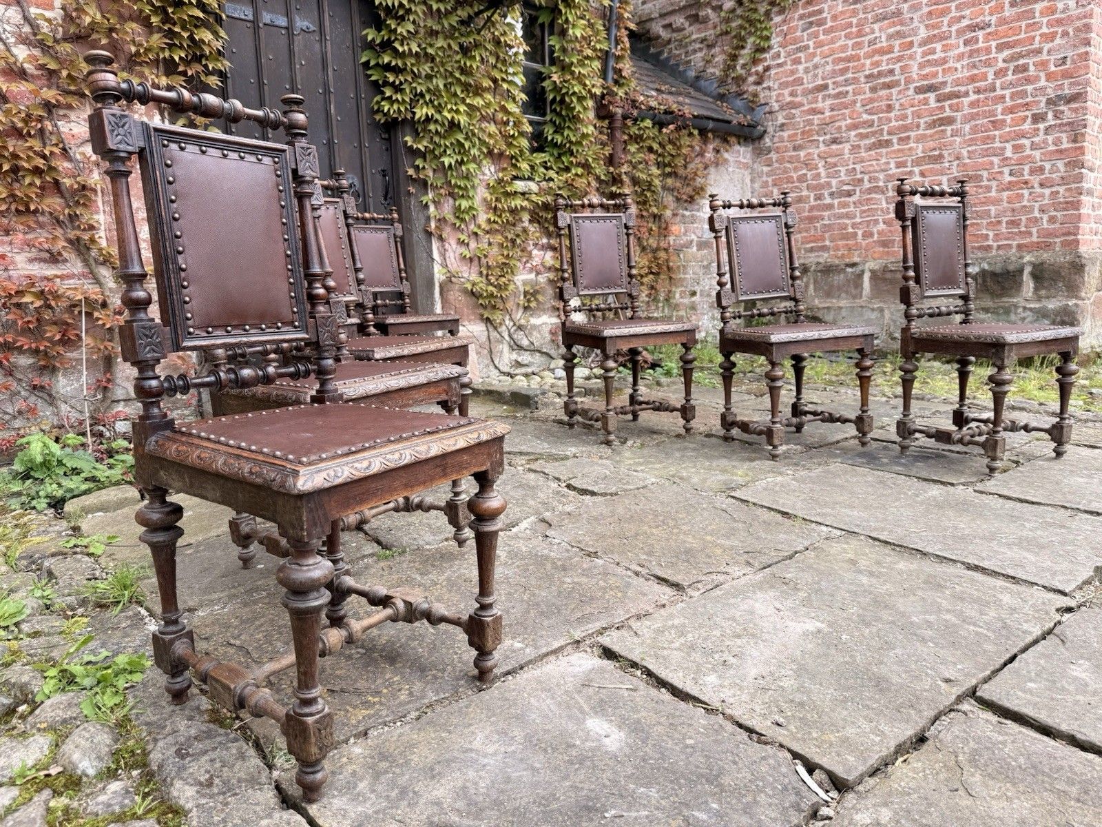 Furniture Set  8  Antique French  Oak Renaissance Revival Henri II Style Dining Chairs photo