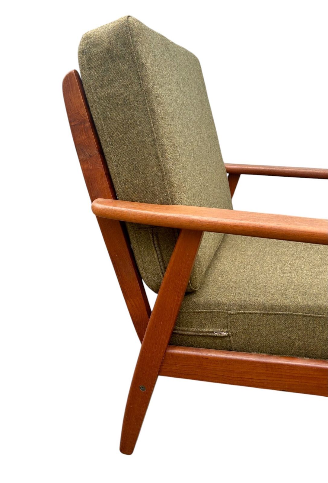 Danish Teak And Olive Green Wool Lounge Armchair Mid Century Chair 1960s photo vintage