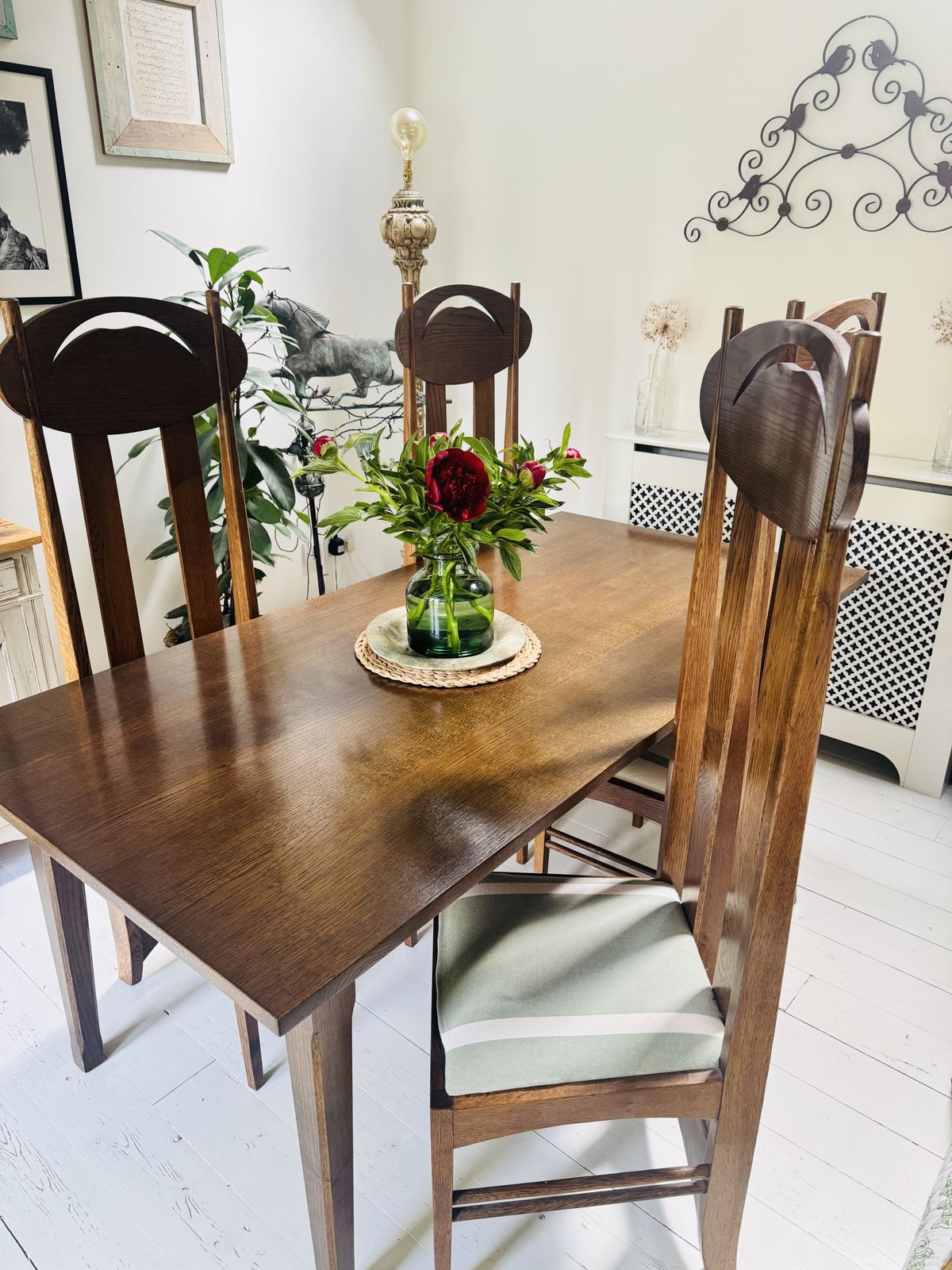 Set Of Four Oak Dining Chairs And 6ft X 3 Ft Oak Dining Table Produced Under Licence By Freud Limited London To A Design By Charles Rennie Mackintosh photo furniture
