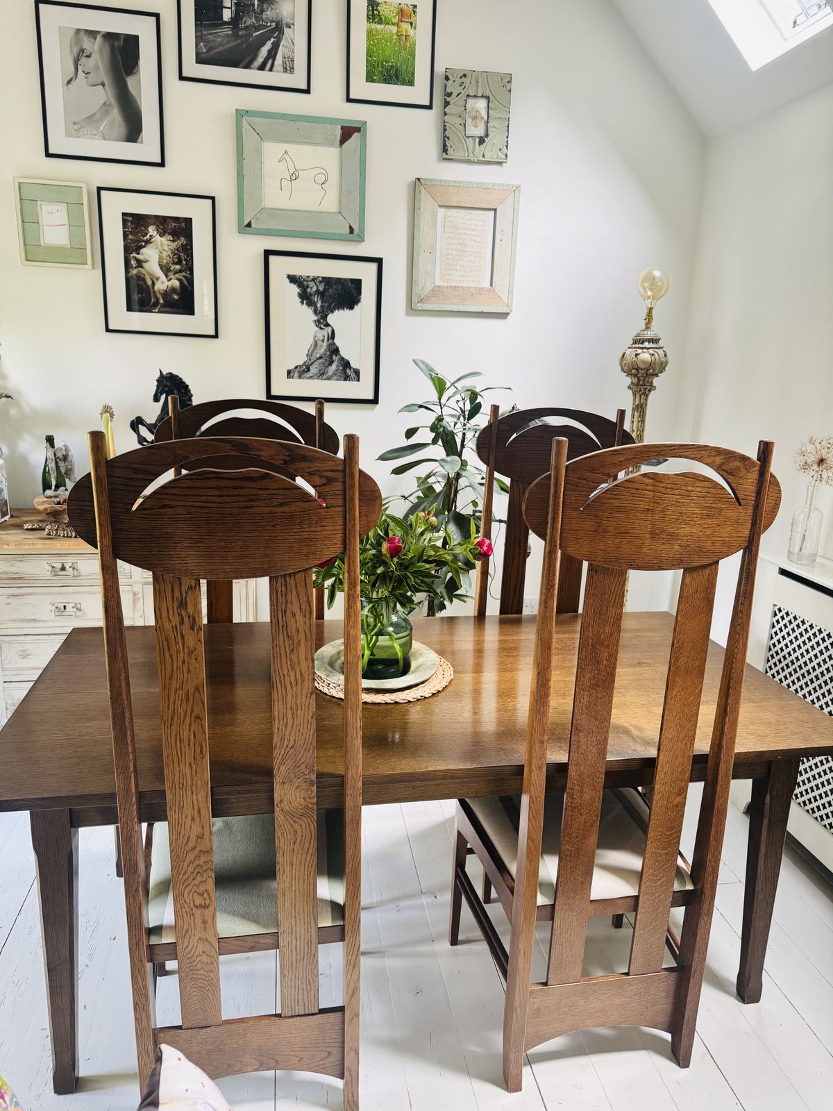 Set Of Four Oak Dining Chairs And 6ft X 3 Ft Oak Dining Table Produced Under Licence By Freud Limited London To A Design By Charles Rennie Mackintosh photo for sale