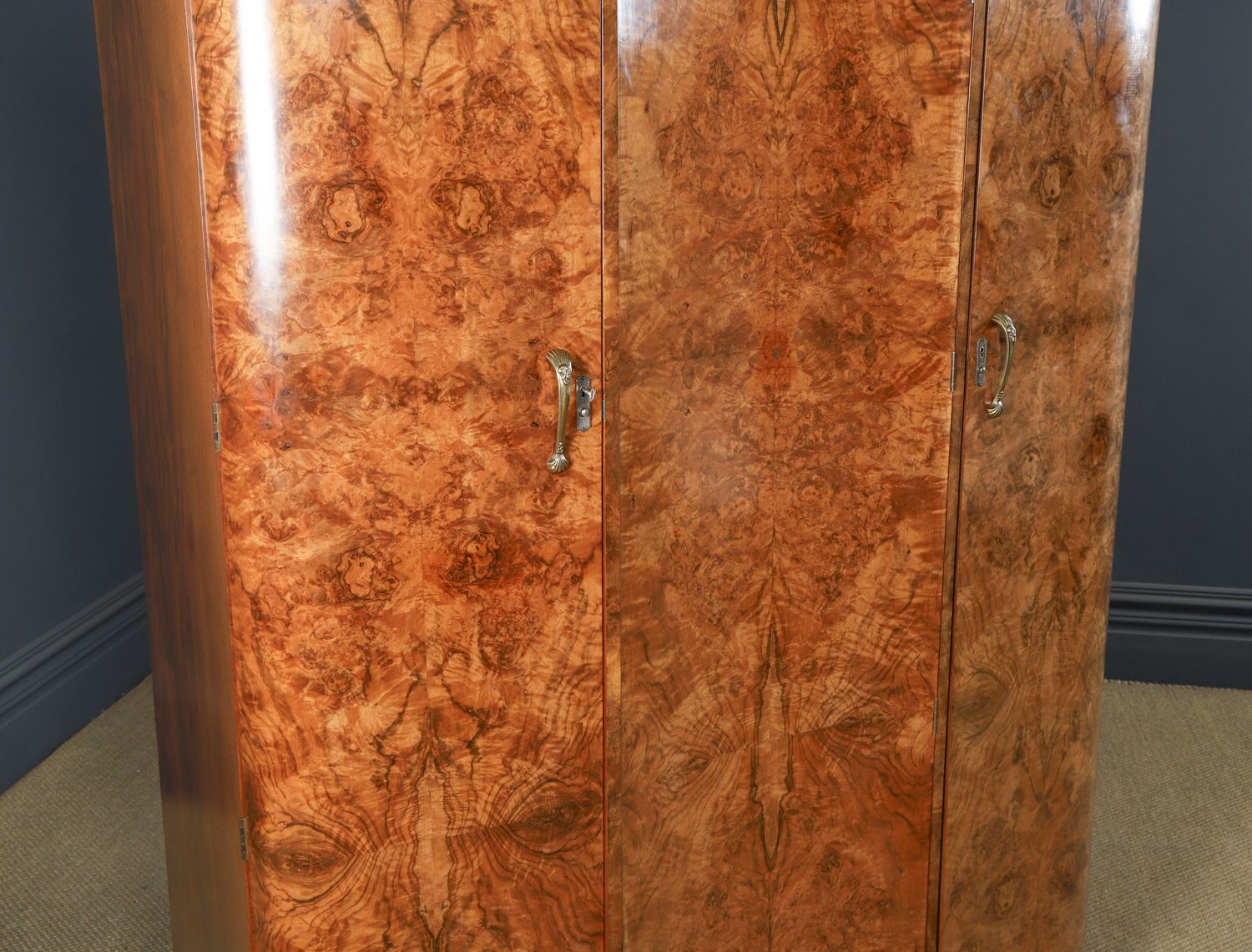 Large English Art Deco Burr Walnut Fitted Serpentine Armoire Wardrobe Closet (Circa 1930) photo buy