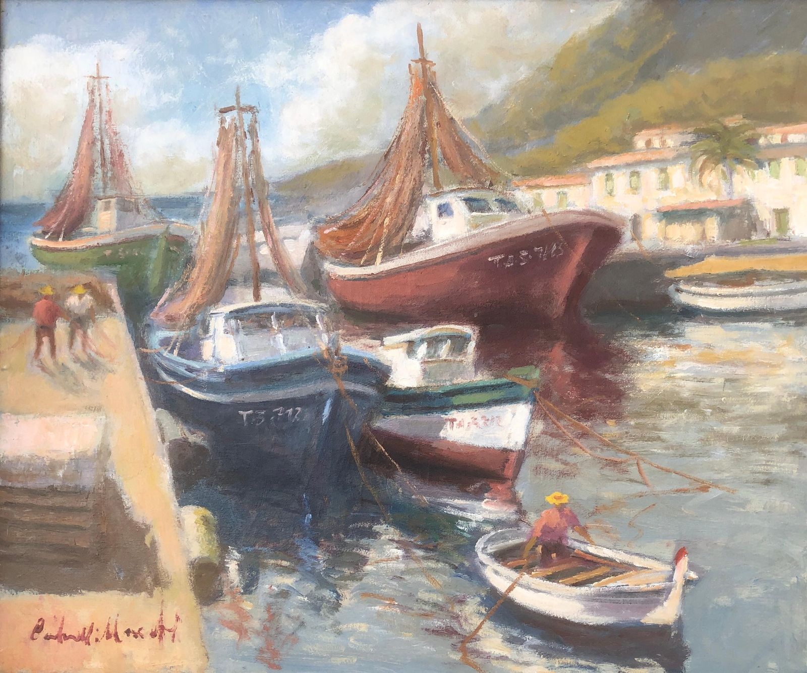 Francisco Carbonell Massabe Mediterranean Fishing Harbor Boats Coastal Spain Oil Canvas Painting Tarragona C.1995
