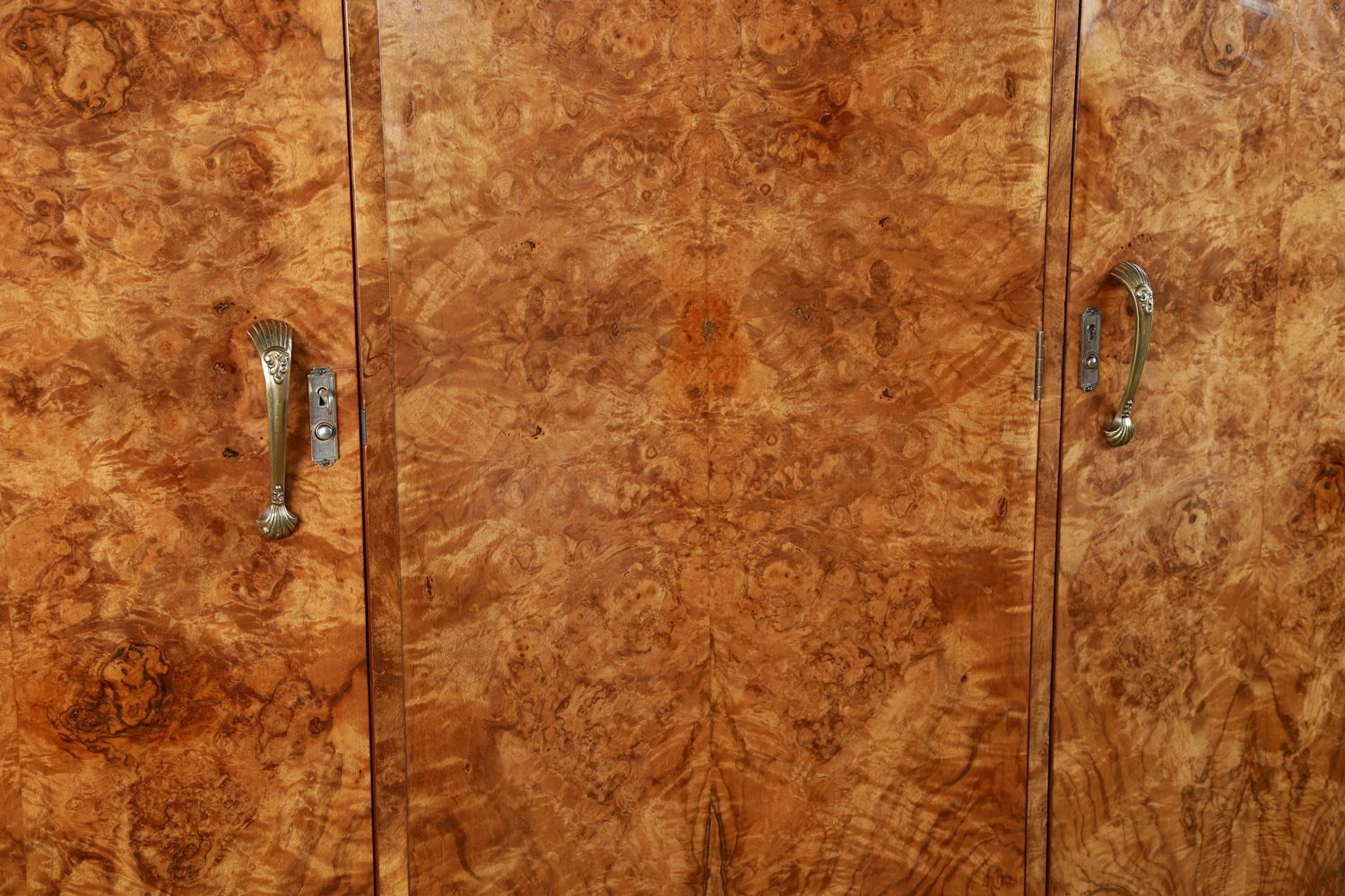 photo for sale Large English Art Deco Burr Walnut Fitted Serpentine Armoire Wardrobe Closet (Circa 1930)