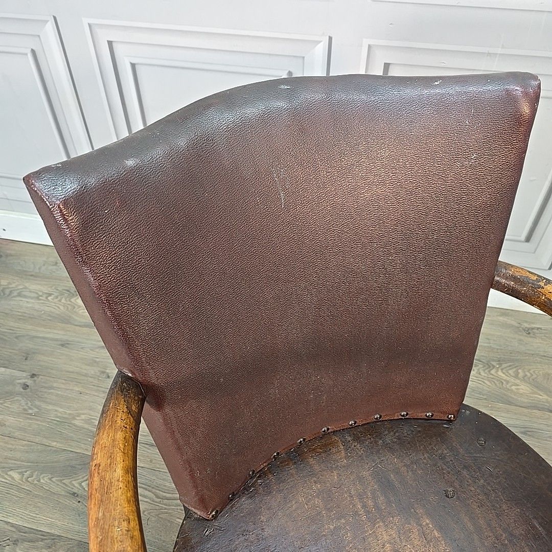Vintage Art Deco Armchair Retro Wooden Chair Leatherette Panel Low Seat Mcm photo Furniture