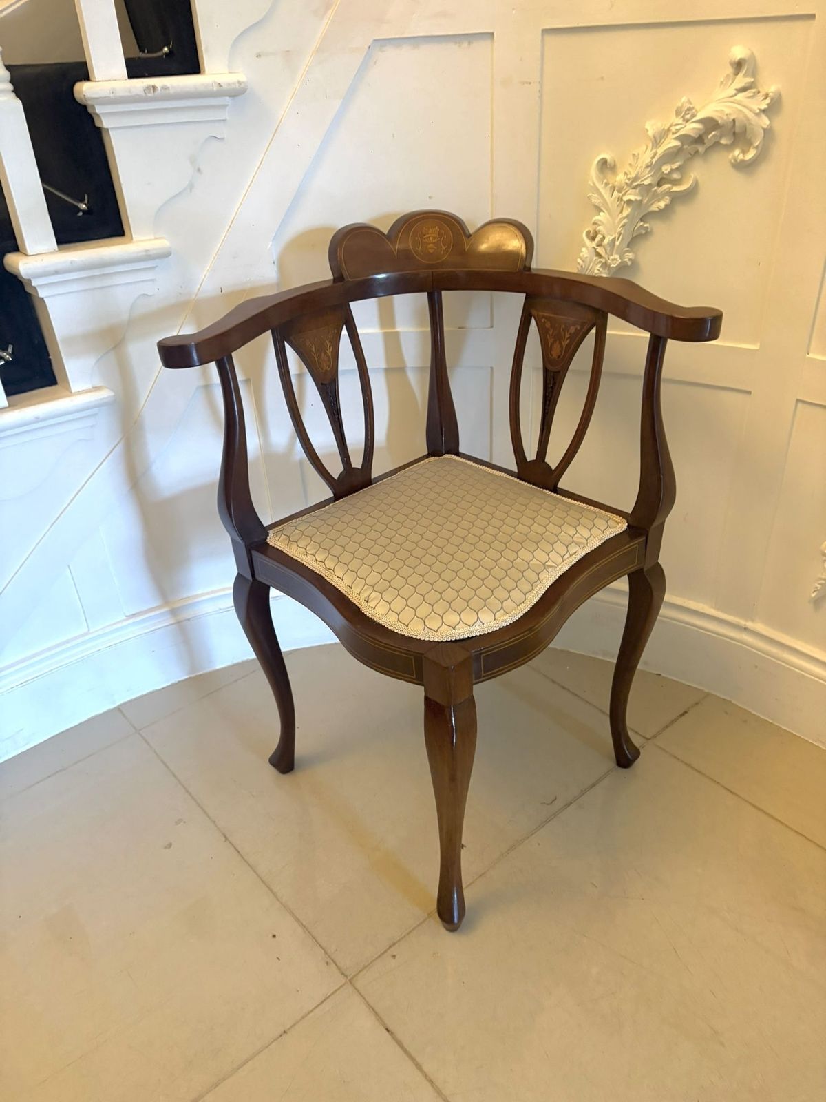 photo for sale Antique Early 20th Century Inlaid Mahogany Corner Chairs Set Of 4
