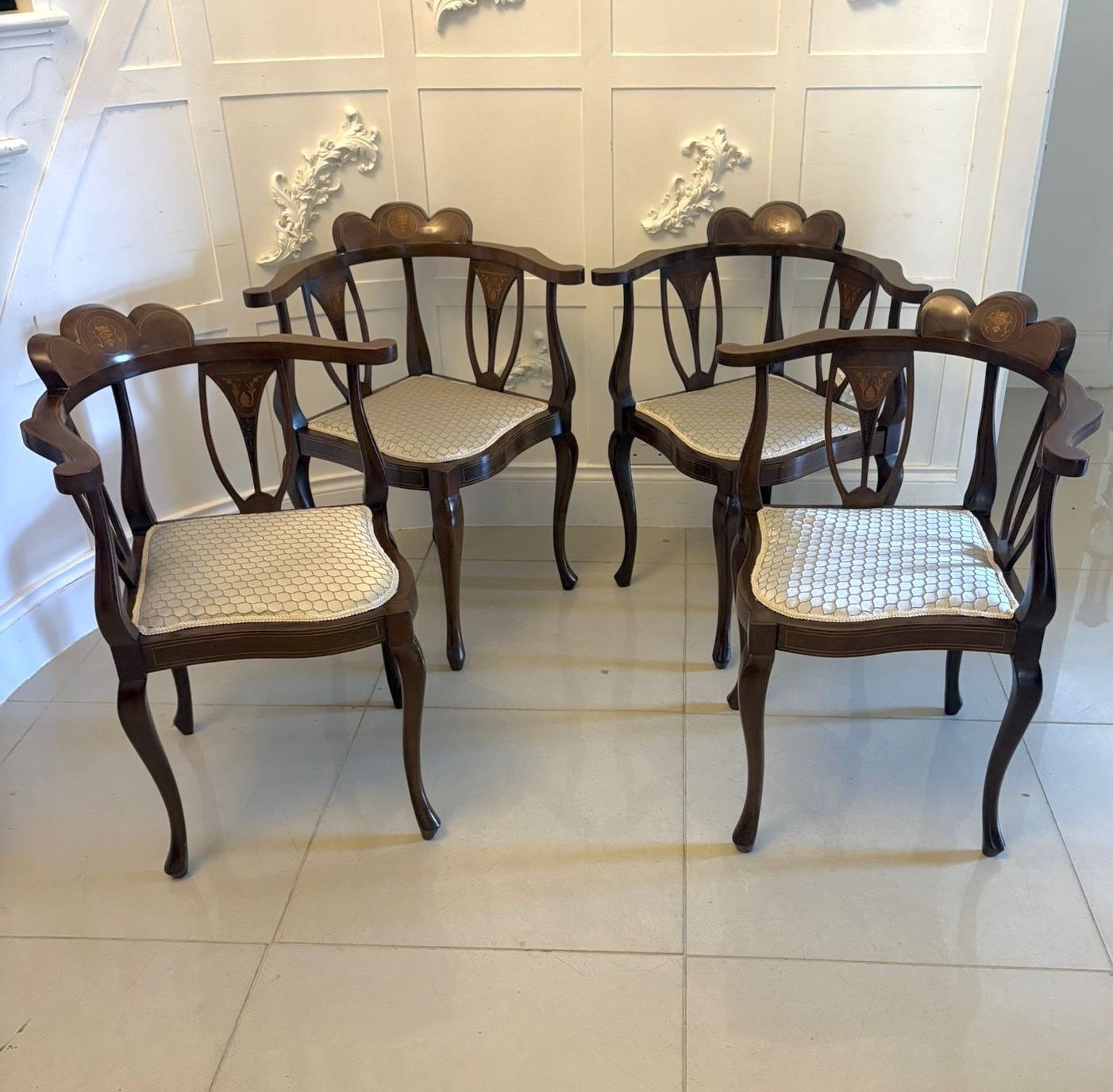 Antique Early 20th Century Inlaid Mahogany Corner Chairs Set Of 4