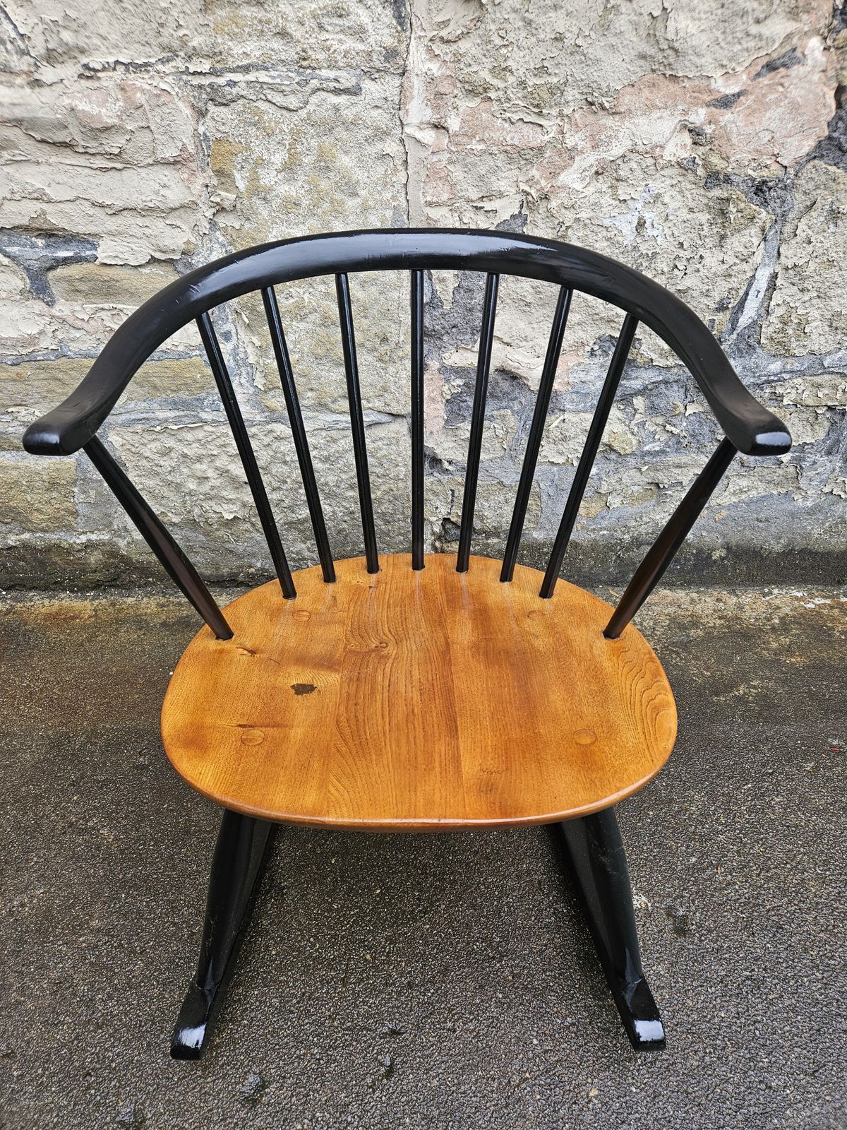 Ercol Cow Horn Bow Top Rocking Chair By Lucian Ercolani Model Number 452 In Black And Elm Mid Century Furniture photo for sale