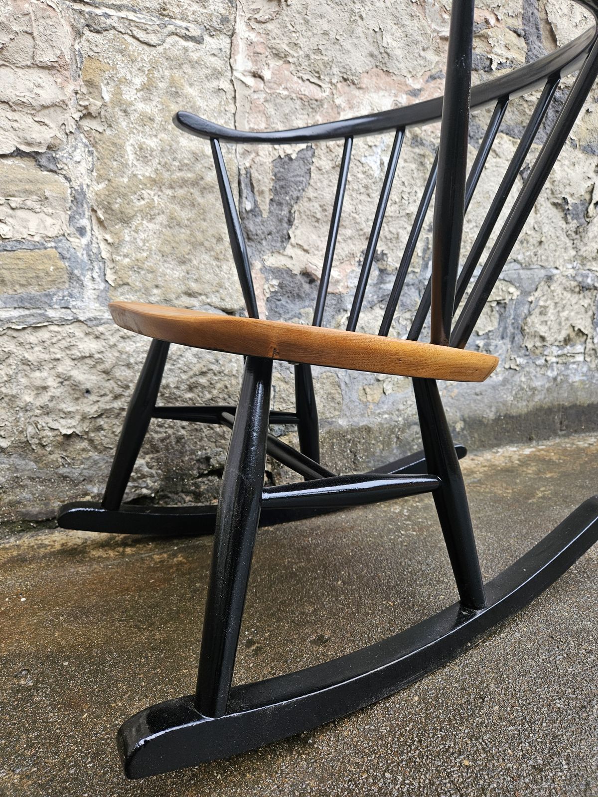photo buy Ercol Cow Horn Bow Top Rocking Chair By Lucian Ercolani Model Number 452 In Black And Elm Mid Century Furniture