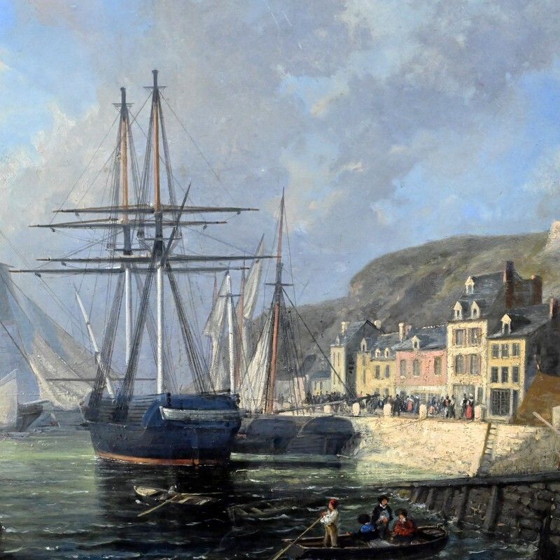 Painting “Quai En Lumière”, Oil On Panel, Signed Jules D’évry – Mid 199th photo furniture