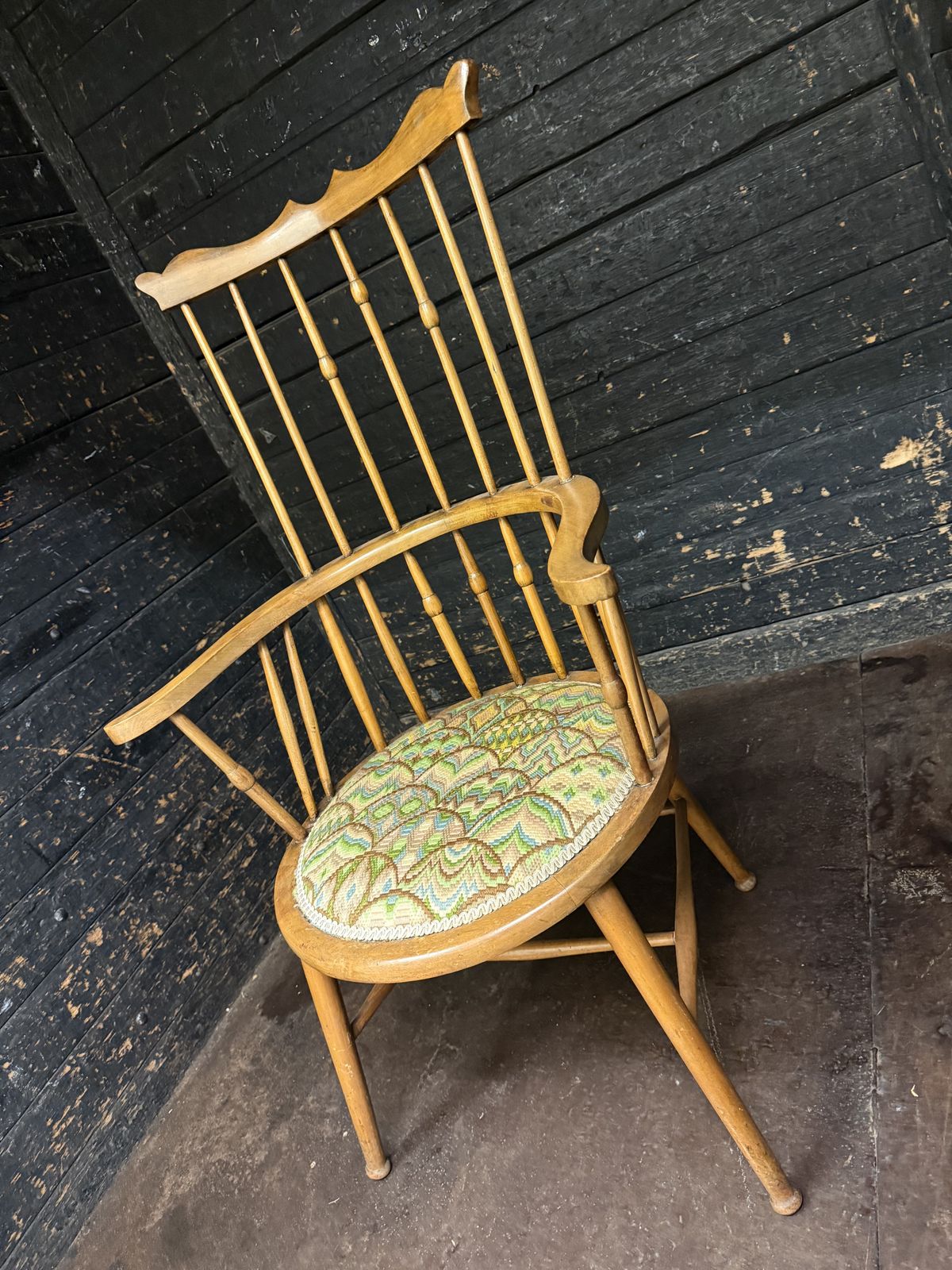 Arts & Crafts Movement Elm Windsor Comb Back Chair, Woven Tapestry Seat photo Furniture
