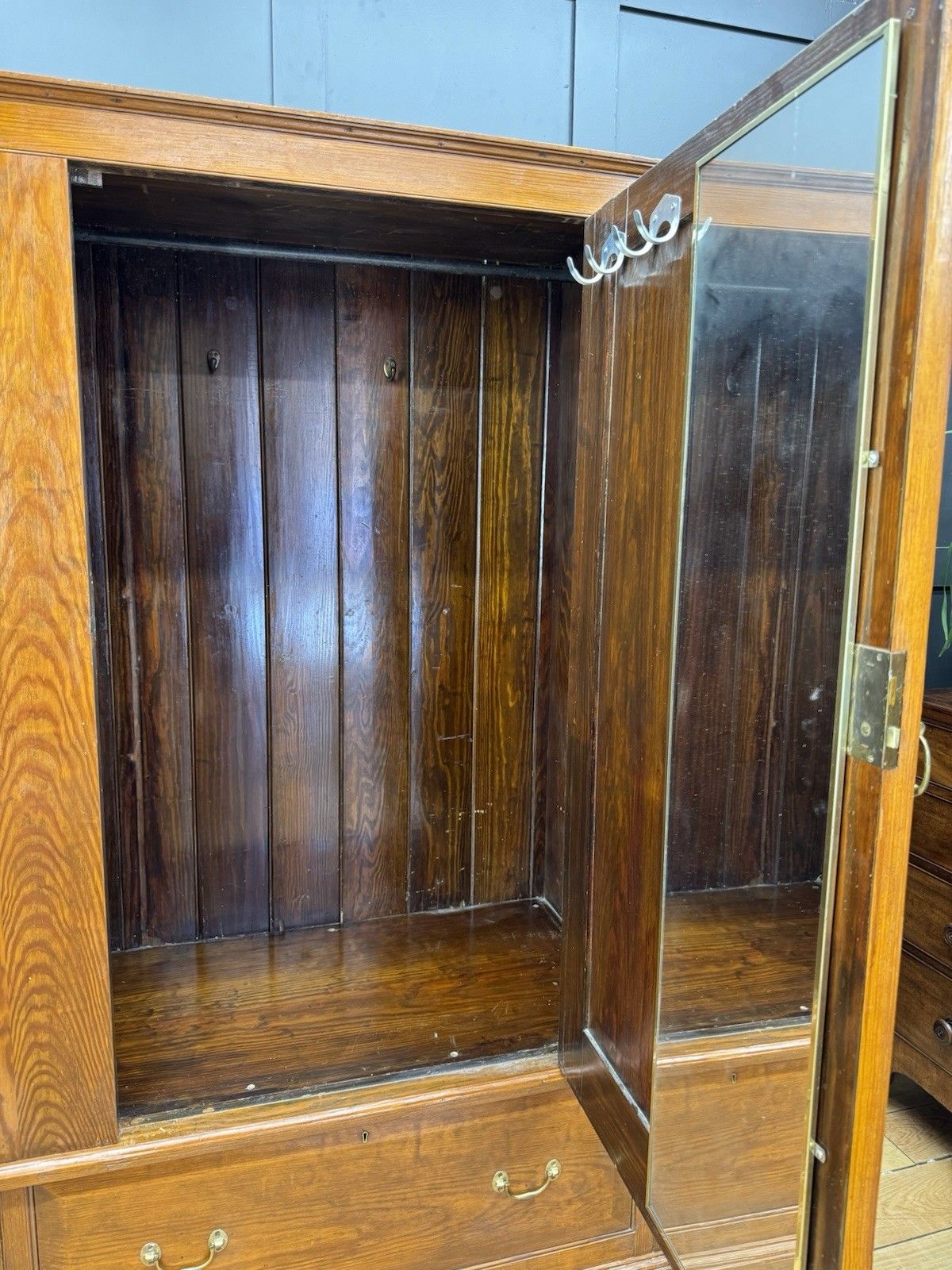 795.0 Antique Pitch Pine Single Wardrobe Bedroom Storage Cupboard Drawer photo