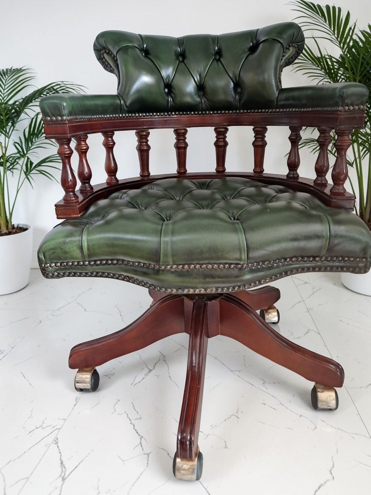 Antique Style Captains Chair Chesterfield Style Green Leather Swivel & Tilt Desk photo Furniture