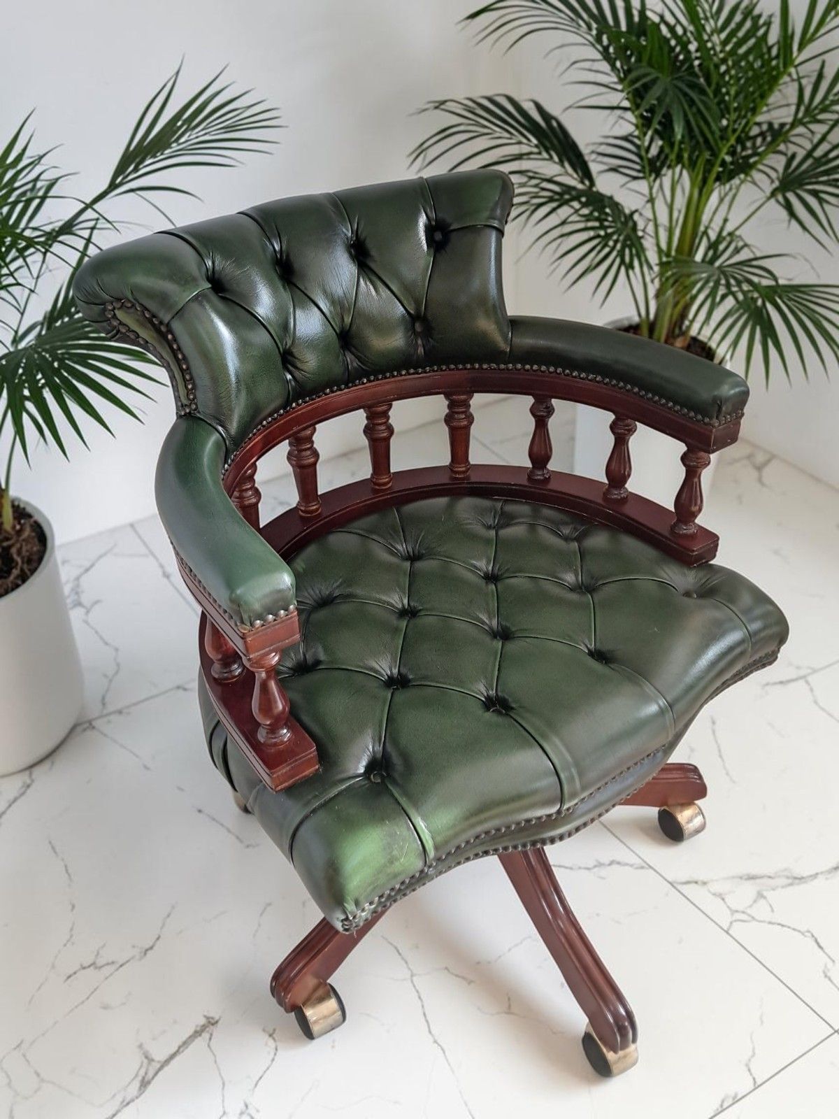 Antique Style Captains Chair Chesterfield Style Green Leather Swivel & Tilt Desk photo vinterior