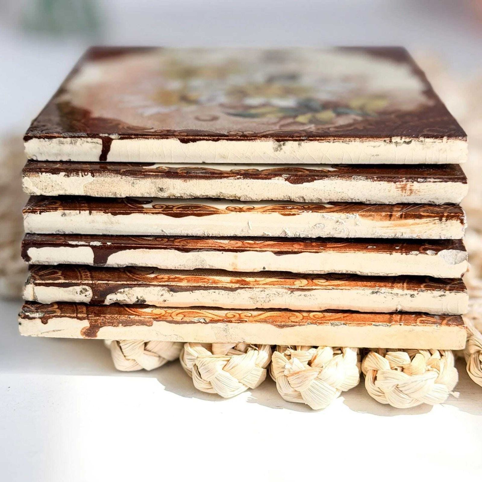 Antique Victorian Ceramic Tiles Set Of 6 Floral Decor photo vinterior