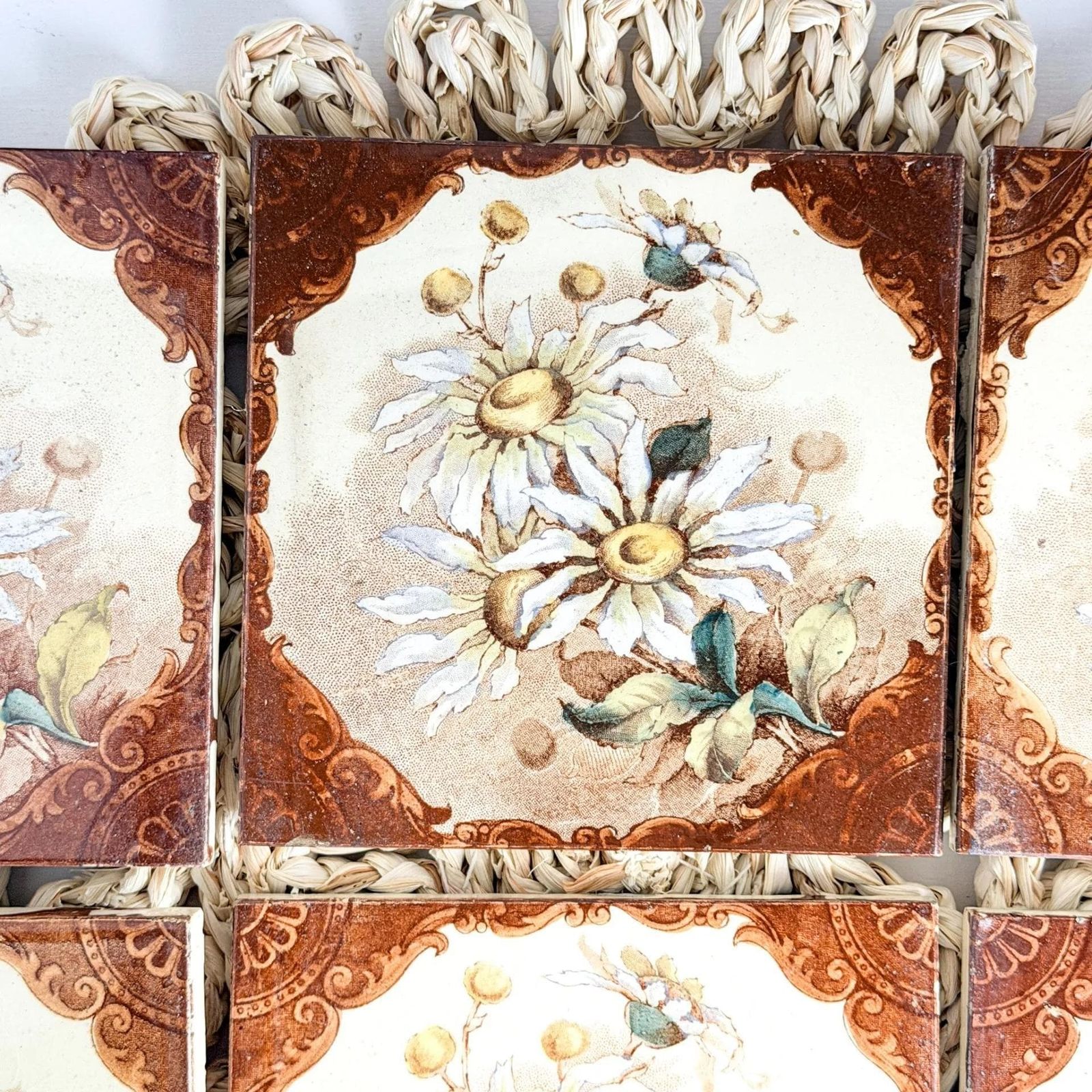 Antique Victorian Ceramic Tiles Set Of 6 Floral Decor photo vintage