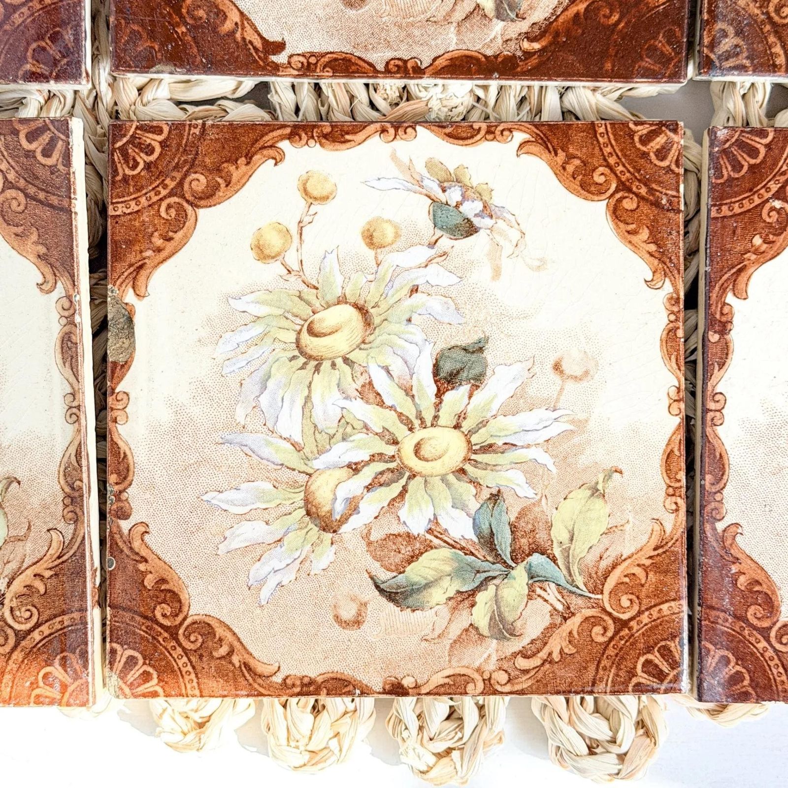 Home Fixtures Antique Victorian Ceramic Tiles Set Of 6 Floral Decor photo